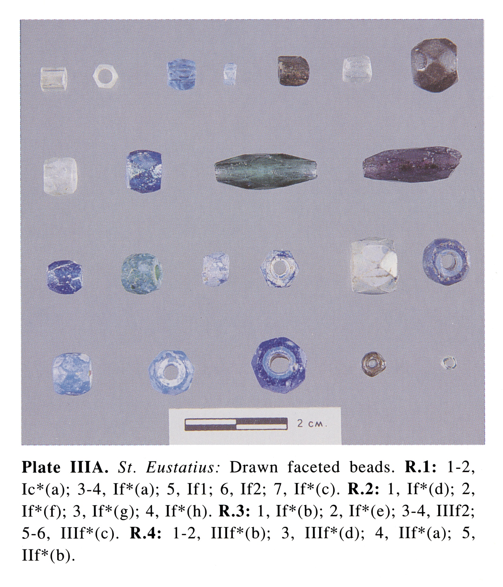 Plate IIIA St. Eustatius: Drawn faceted beads. R.1: 1-2, Ic*(a); 3-4, If*(a); 5, Ifl; 6, If2; 7, If*(c). R.2: 1, If*(d); 2, If*(f); 3, If*(g); 4, If*(h). R.3: 1, If*(b); 2, If*(e); 3-4, Illf2; 5-6, Illf*(c). R.4: 1-2, Illf*(b); 3, Illf*(d); 4, Ilf*(a); 5, Ilf*(b).