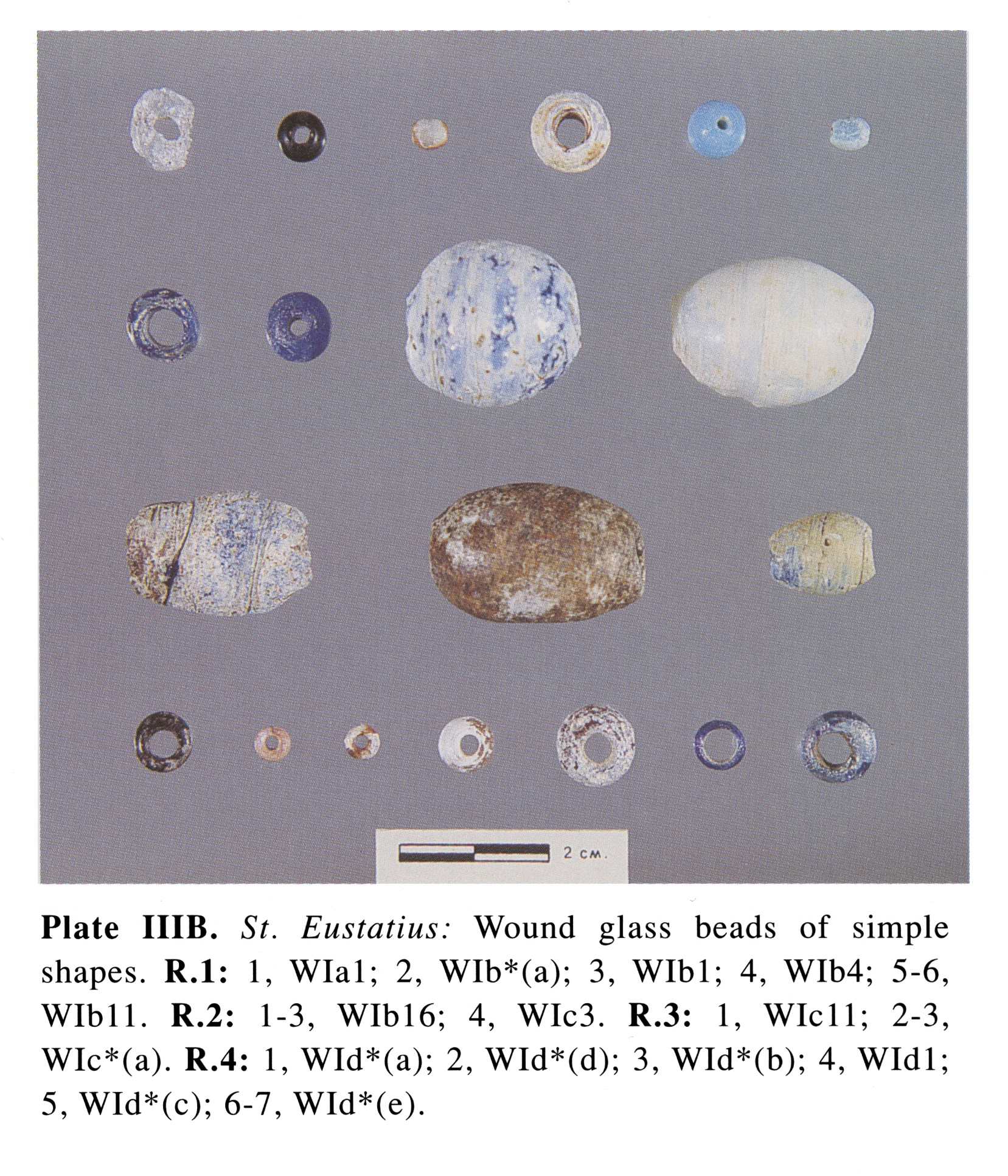Plate IIIB St. Eustatius: Wound glass beads of simple shapes. R.1: 1, Wlal; 2, Wlb*(a); 3, Wlbl; 4, Wlb4; 5-6, Wlbll. R.2: 1-3, Wlbl6; 4, Wlc3. R.3: 1, Wlcll; 2-3, Wlc*(a). R.4: 1, Wld*(a); 2, Wld*(d); 3, Wld*(b); 4, Wldl; 5, Wld*(c); 6-7, Wld*(e).