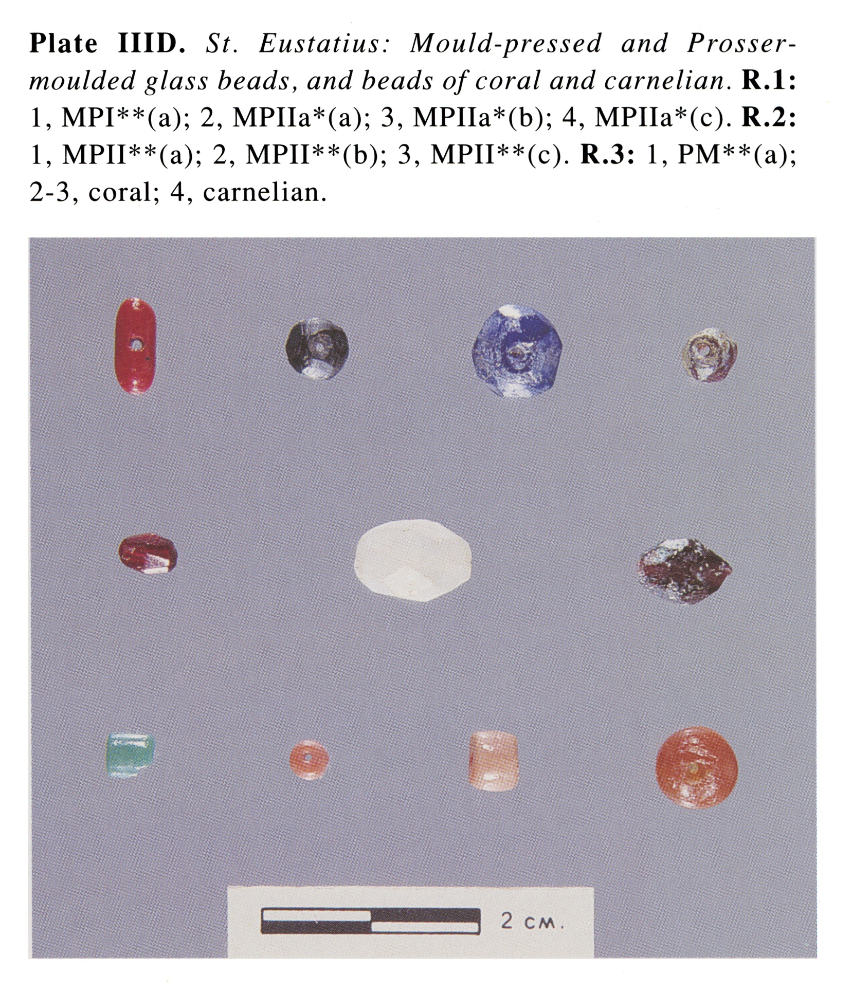 Plate IIID St. Eustatius: Mould-pressed and Prossermoulded glass beads, and beads of coral and carnelian. R.1: 1, MPI**(a); 2, MPIIa*(a); 3, MPIIa*(b); 4, MPIIa*(c). R.2: 1, MPII**(a); 2, MPII**(b); 3, MPII**(c). R.3: 1, PM**(a); 2-3, coral; 4, carnelian.