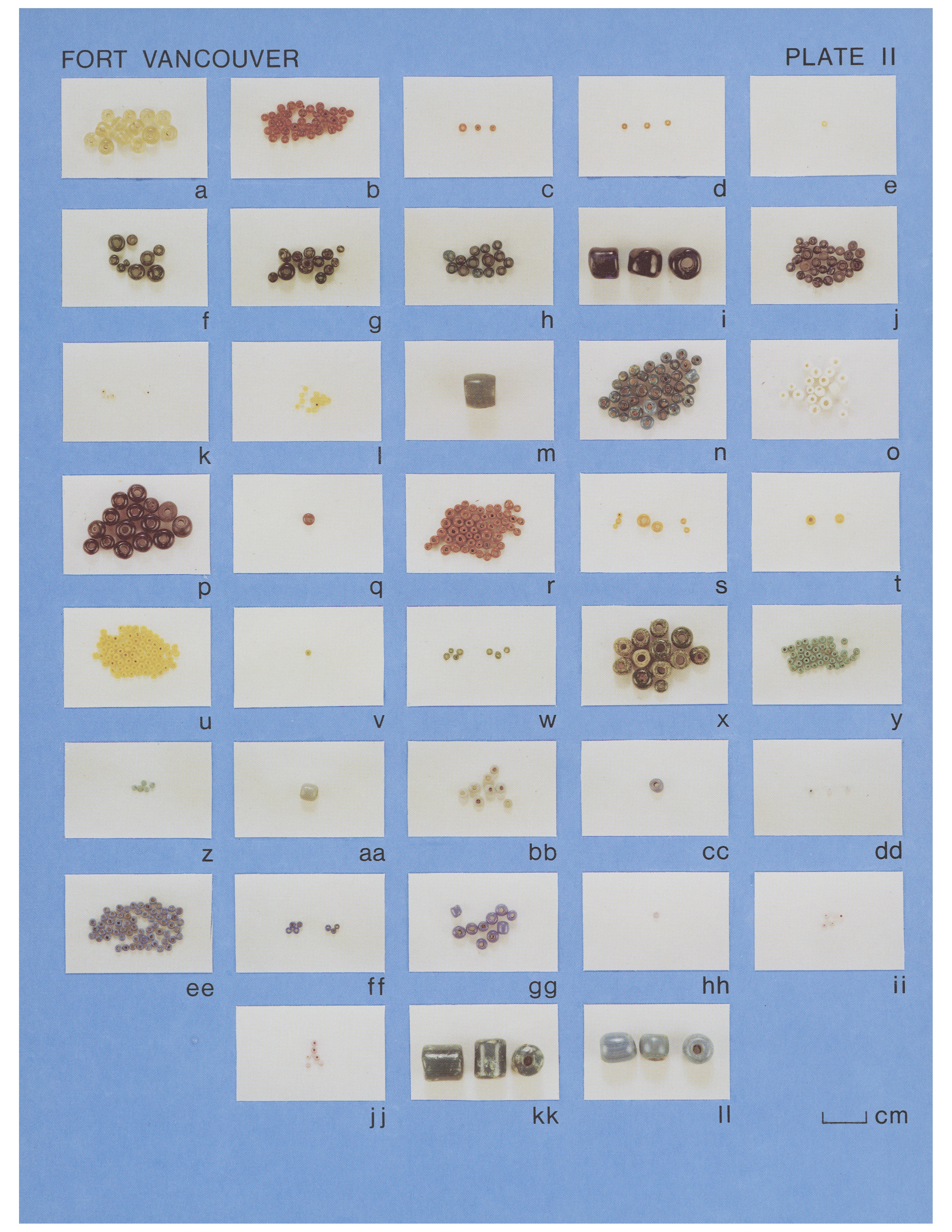 Plate IIA Fort Vancouver: Drawn glass beads: a, Ila-tps-1; b, Ila-tps-2; c, Ila-tps-3; d, Ila-tps-4; e, Ila-tps-5; f, Ila-tps-6; g, Ila-tps-7; h, Ila-tps-8; i, Ila-tps-9; j, Ila-tps-10; k, Ila-tis-I; l, Ila-tls-2; m, Ila-tls-3; n, Ila-tls-4; o, Ila-ops-1; p, Ila-ops-2; q, Ila-ops-3; r, Ila-ops-4; s, Ila-ops-5; t, Ila-ops-6; u, Ila-ops-7; v, Ila-ops-8; w, Ila-ops-9; x, Ila-ops-10; y, Ila-ops-11; z, Ila-ops-12; aa, Ila-ops-13; bb, Ila-ops-14; cc, Ila-ops-15; dd, Ila-ops-16; ee, Ila-ops-17; ff, Ila-ops-18; gg, Ila-ops-19; hh, Ila-ops- 20; ii, Ila-ops-22; jj, Ila-ops-23; kk, Ila-opl-1; 11, Ila-opl/s-2 (photos by L. Ross).