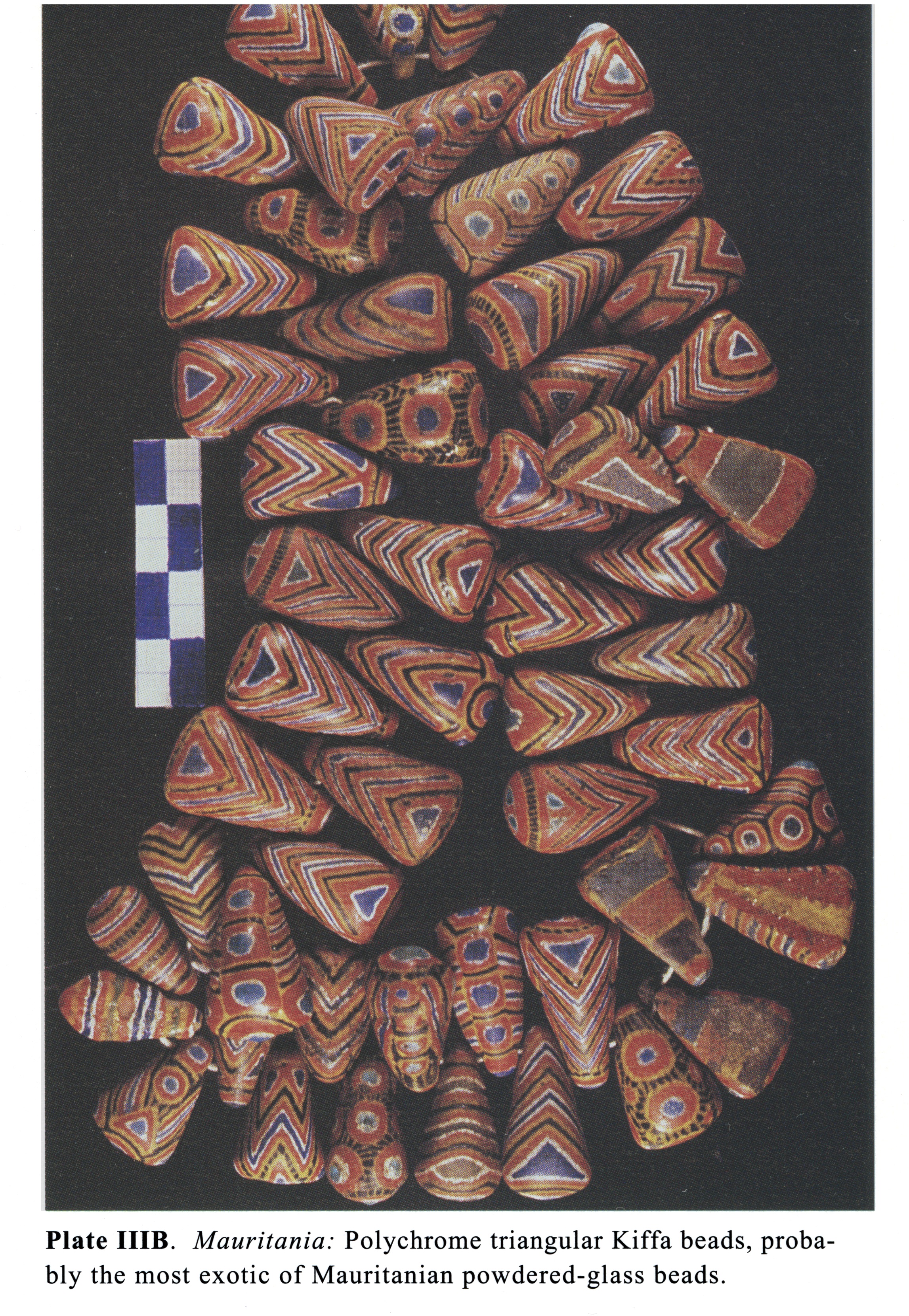 Plate IIIB Mauritania: Polychrome triangular Kiffa beads, probably the most exotic of Mauritanian powdered-glass beads.