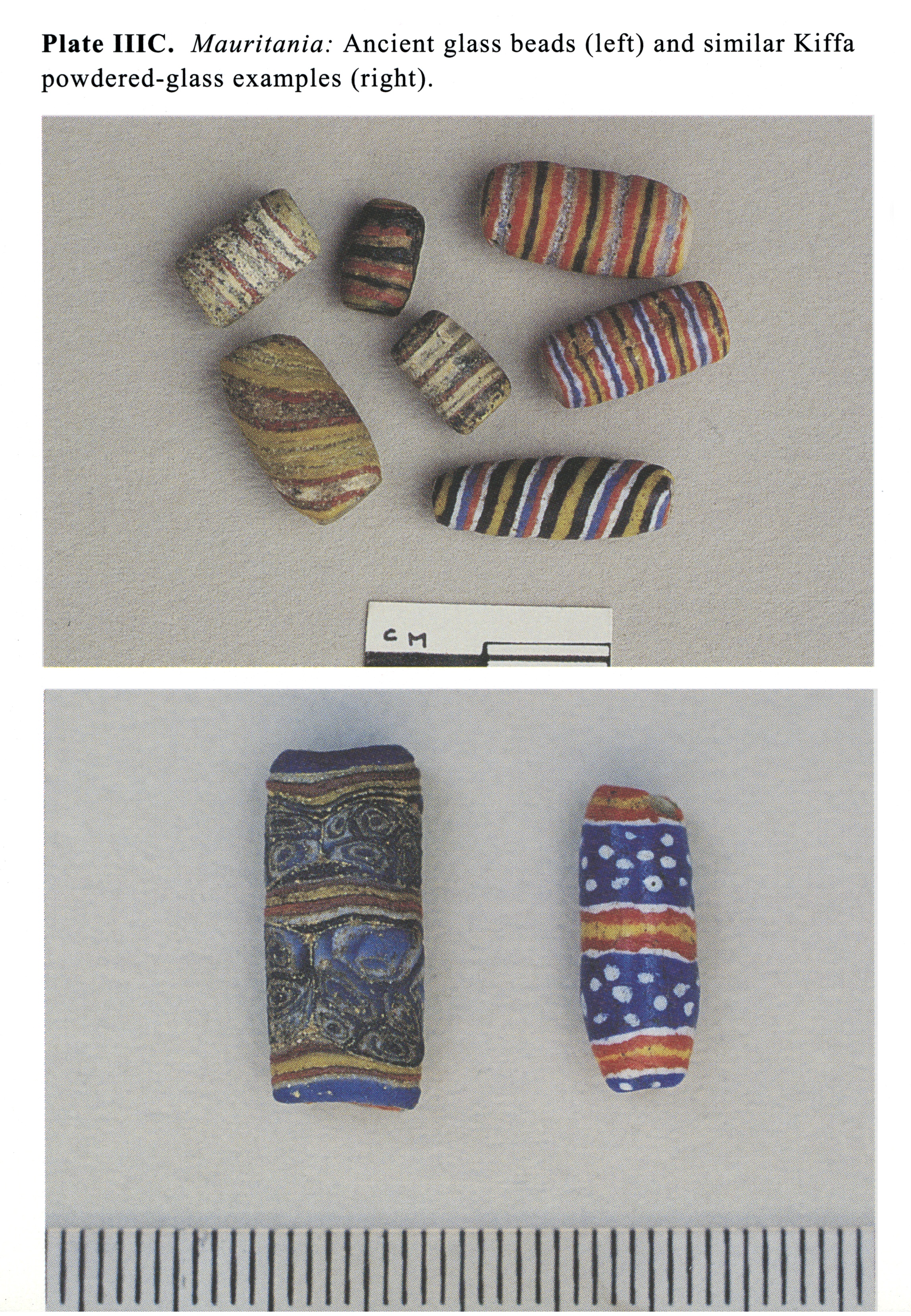 Plate IIIC Mauritania: Ancient glass beads (left) and similar Kiffa powdered-glass examples (right). c:1-1