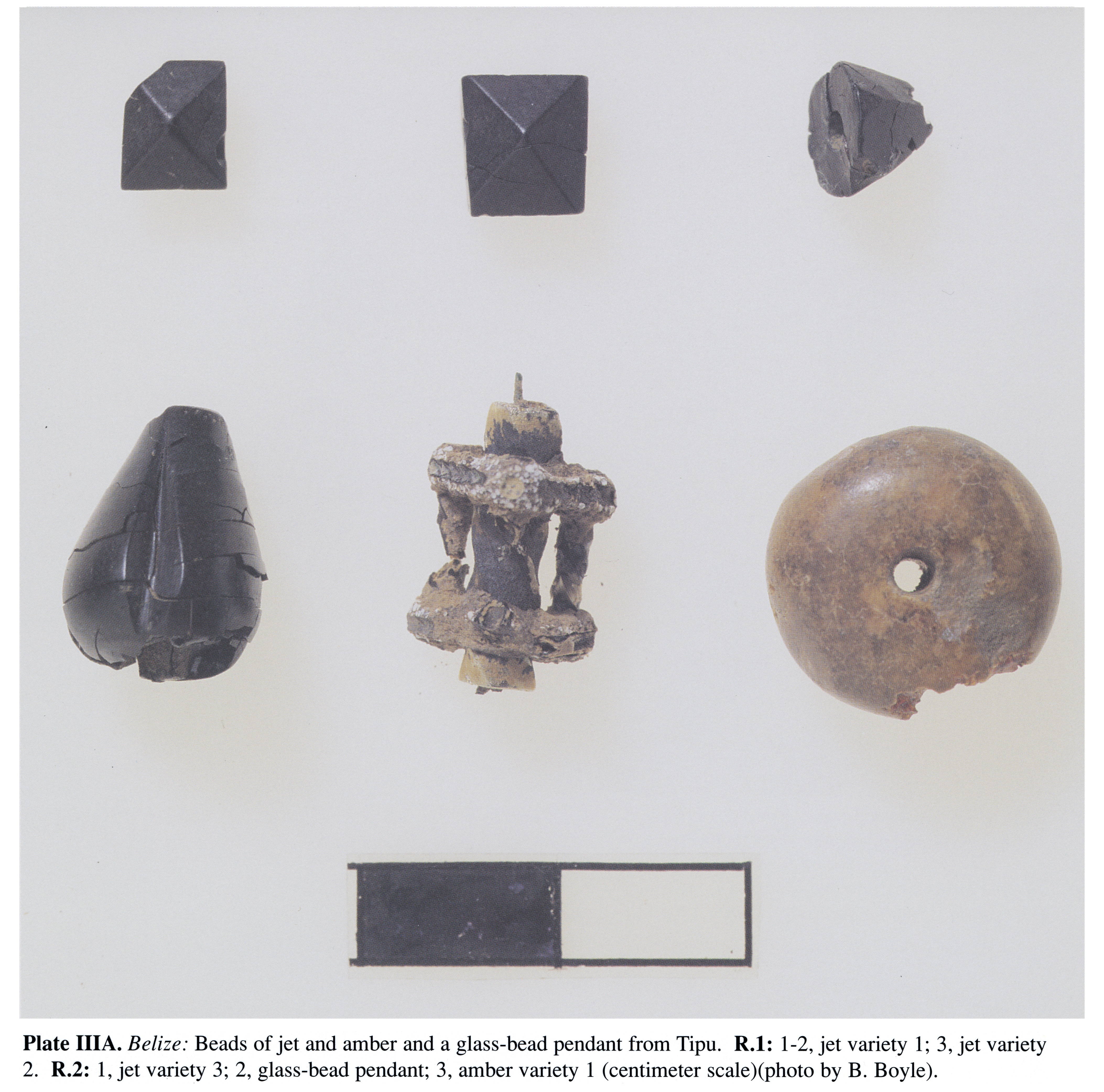 Plate IIIA Belize: Beads of jet and amber and a glass-bead pendant from Tipu. R.1: 1-2, jet variety 1; 3, jet variety 2. R.2: 1, jet variety 3; 2, glass-bead pendant; 3, amber variety 1 (centimeter scale)(photo by B. Boyle).