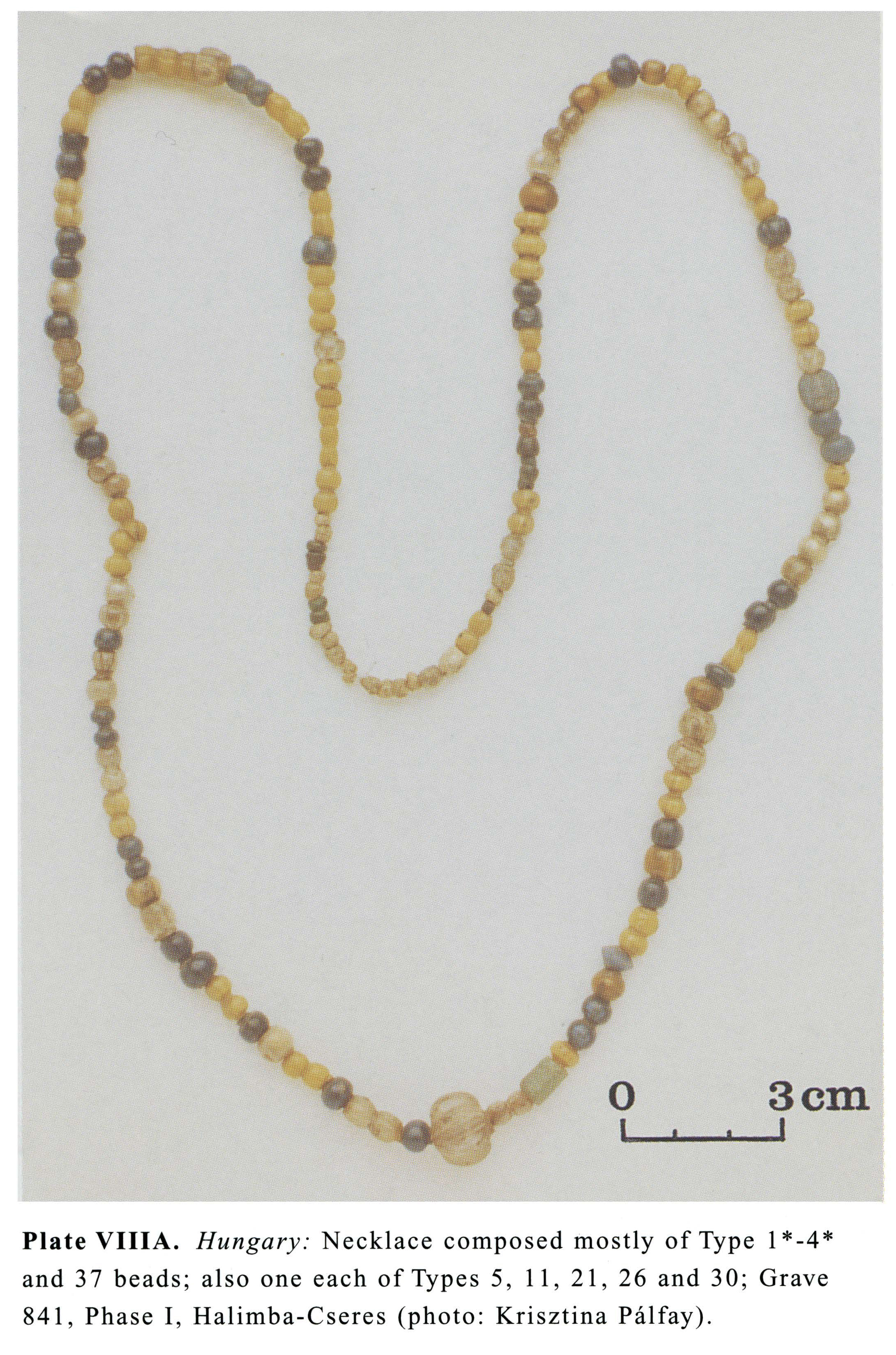 Plate VIIIA Hungary: Necklace composed mostly of Type l *-4* and 37 beads; also one each of Types 5, 11, 21, 26 and 30; Grave 841, Phase I, Halimba-Cseres (photo: Krisztina Palfay).