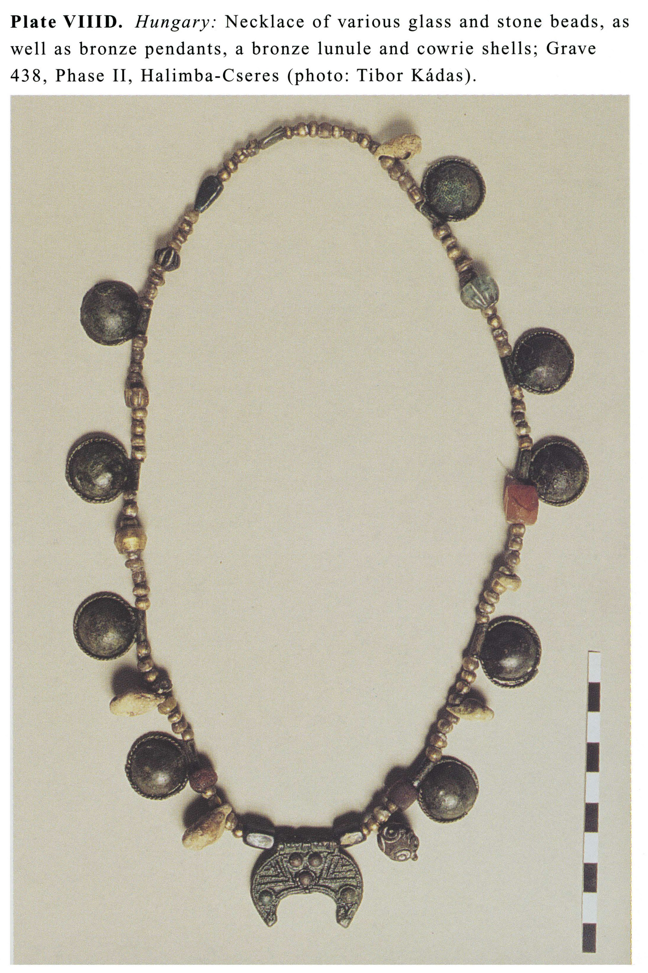 Plate VIIID Hungary: Necklace of various glass and stone beads, as well as bronze pendants, a bronze lunule and cowrie shells; Grave 438, Phase II, Halimba-Cseres (photo: Tibor Kadas).