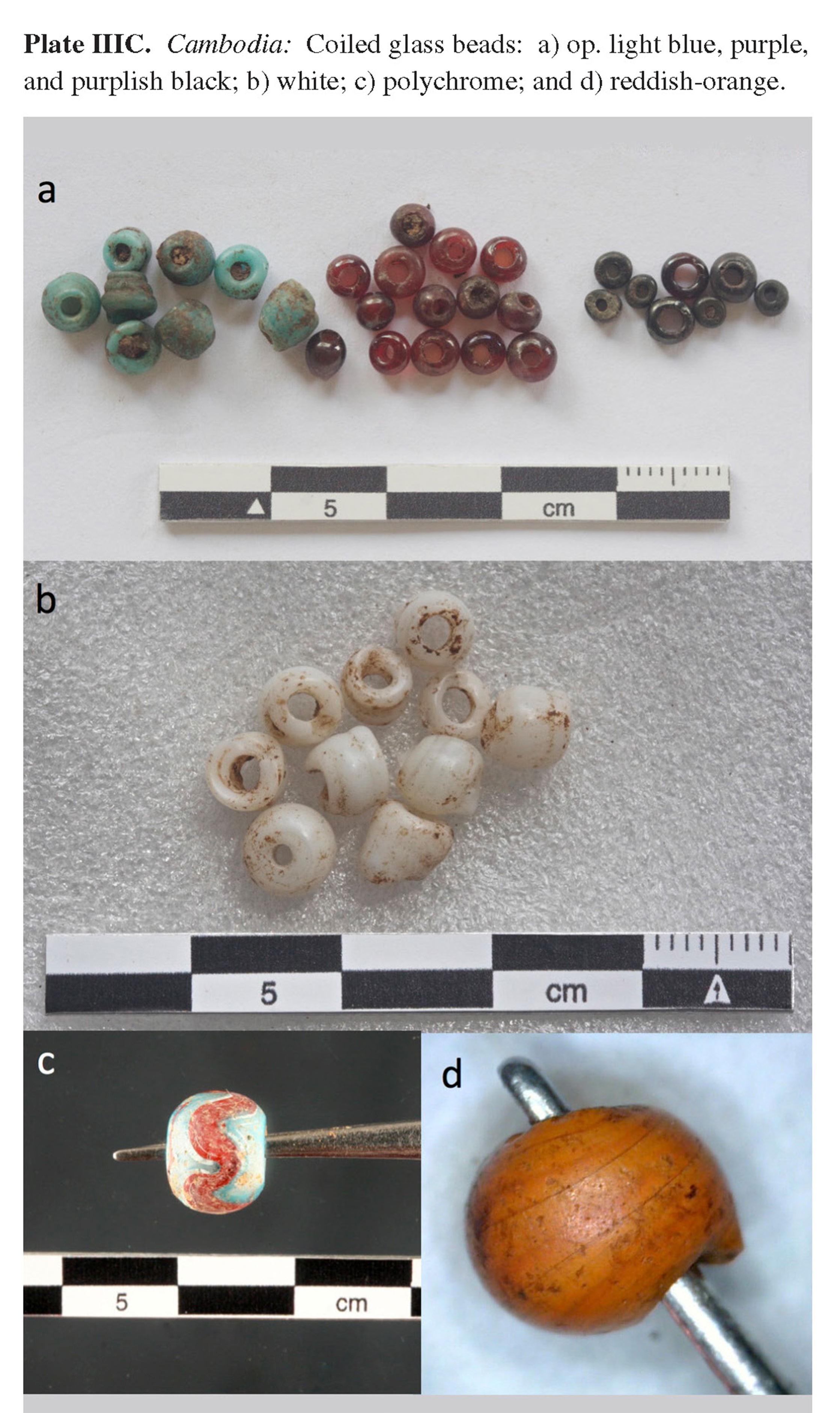 Plate IIIC Cambodia: Coiled glass beads: a) op. light blue, purple, and purplish black; b) white; c) polychrome; and d) reddish-orange.