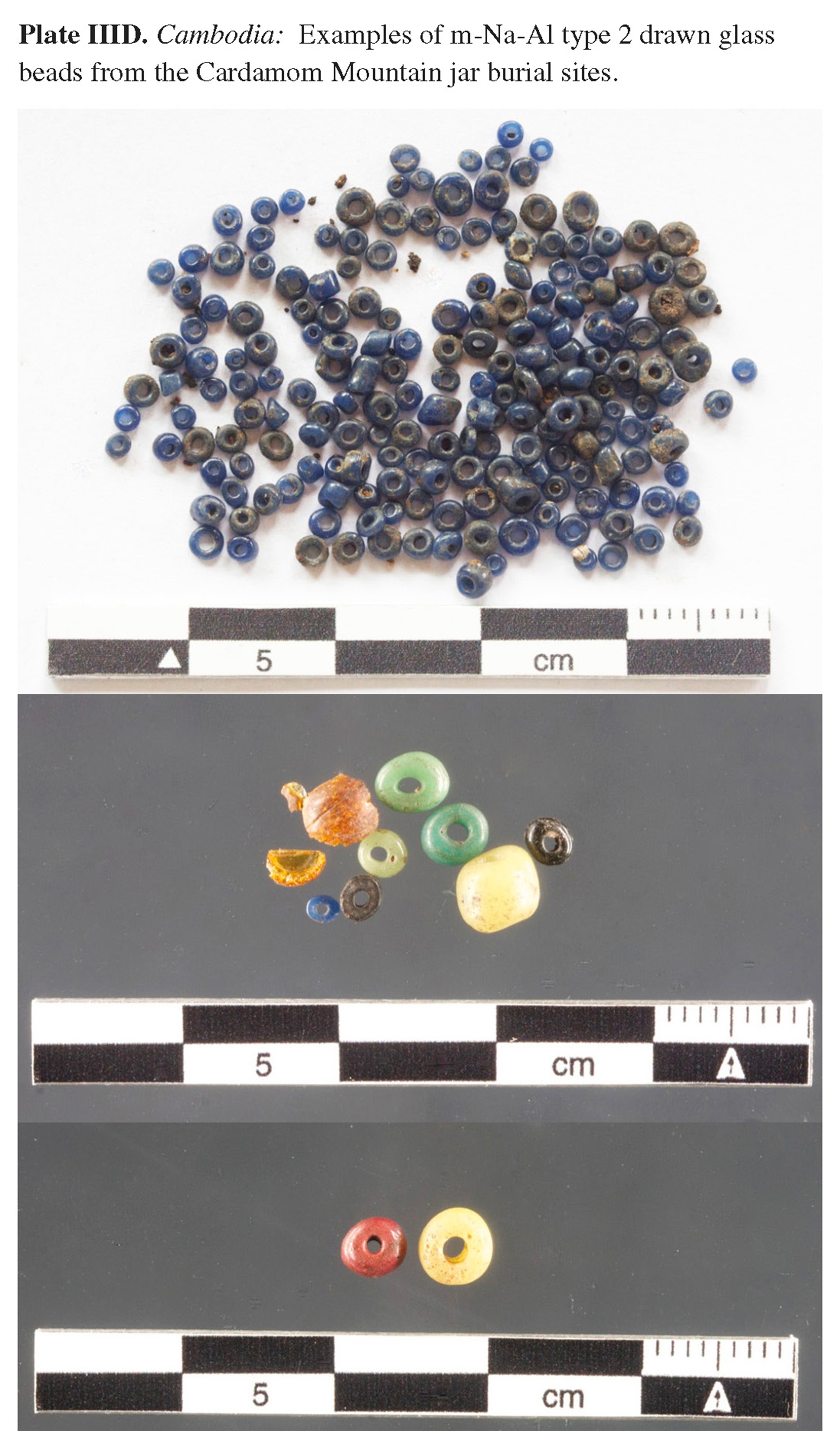 Plate IIID Cambodia: Examples of m-Na-Al type 2 drawn glass beads from the Cardamom Mountain jar burial sites.