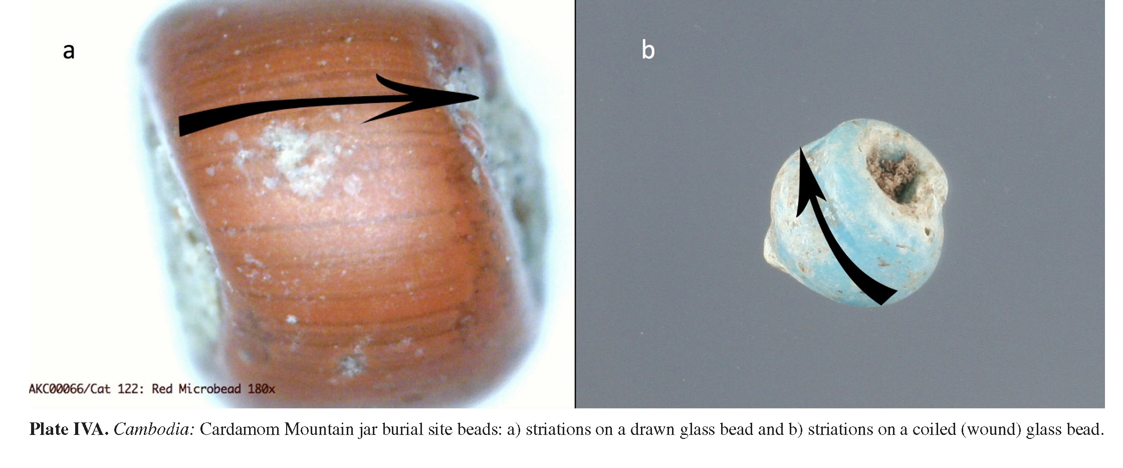 Plate IVA Cambodia: Cardamom Mountain jar burial site beads: a) striations on a drawn glass bead and b) striations on a coiled (wound) glass bead.