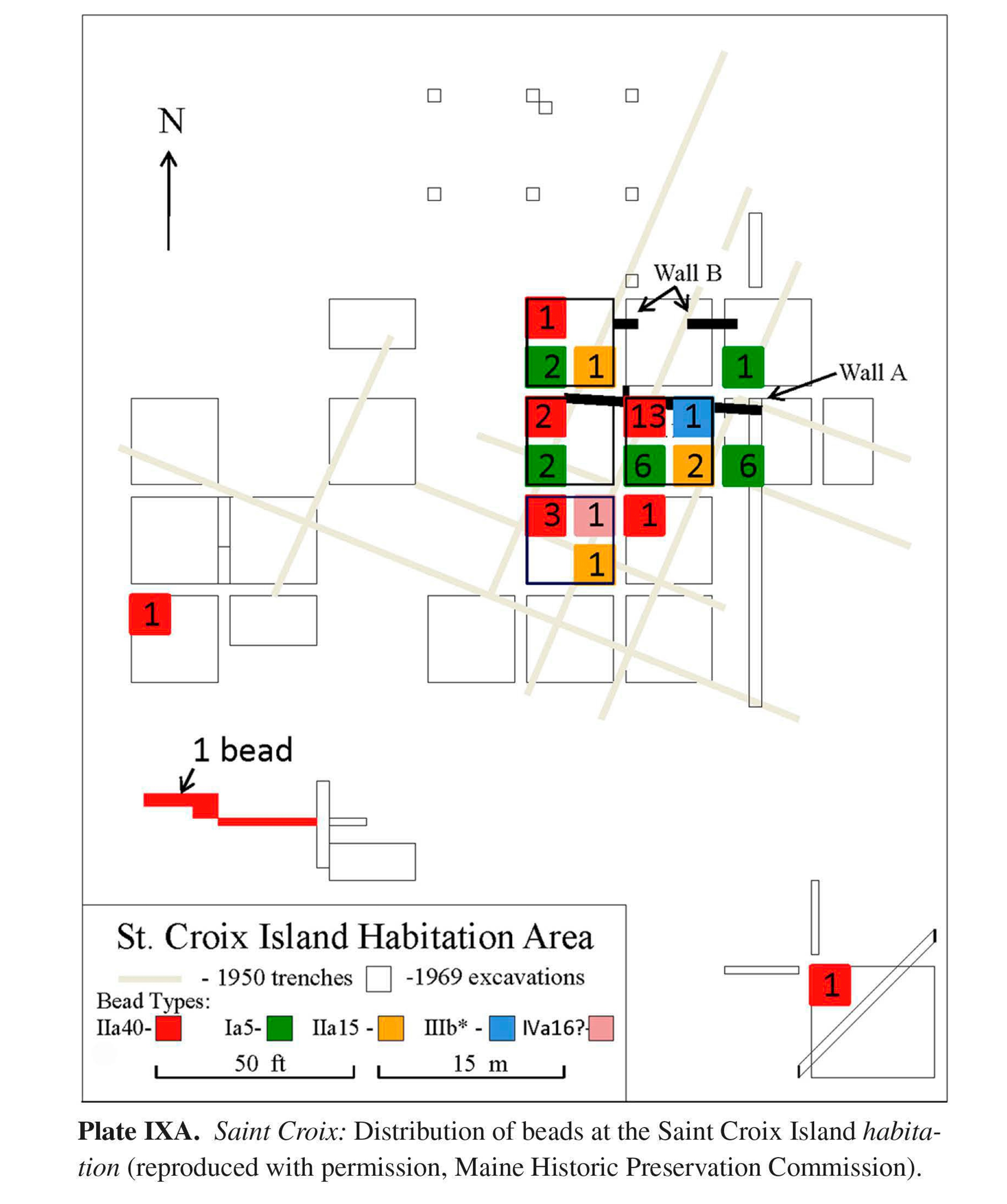 Plate IXA Saint Croix: Distribution of beads at the Saint Croix Island habitation (reproduced with permission, Maine Historic Preservation Commission).