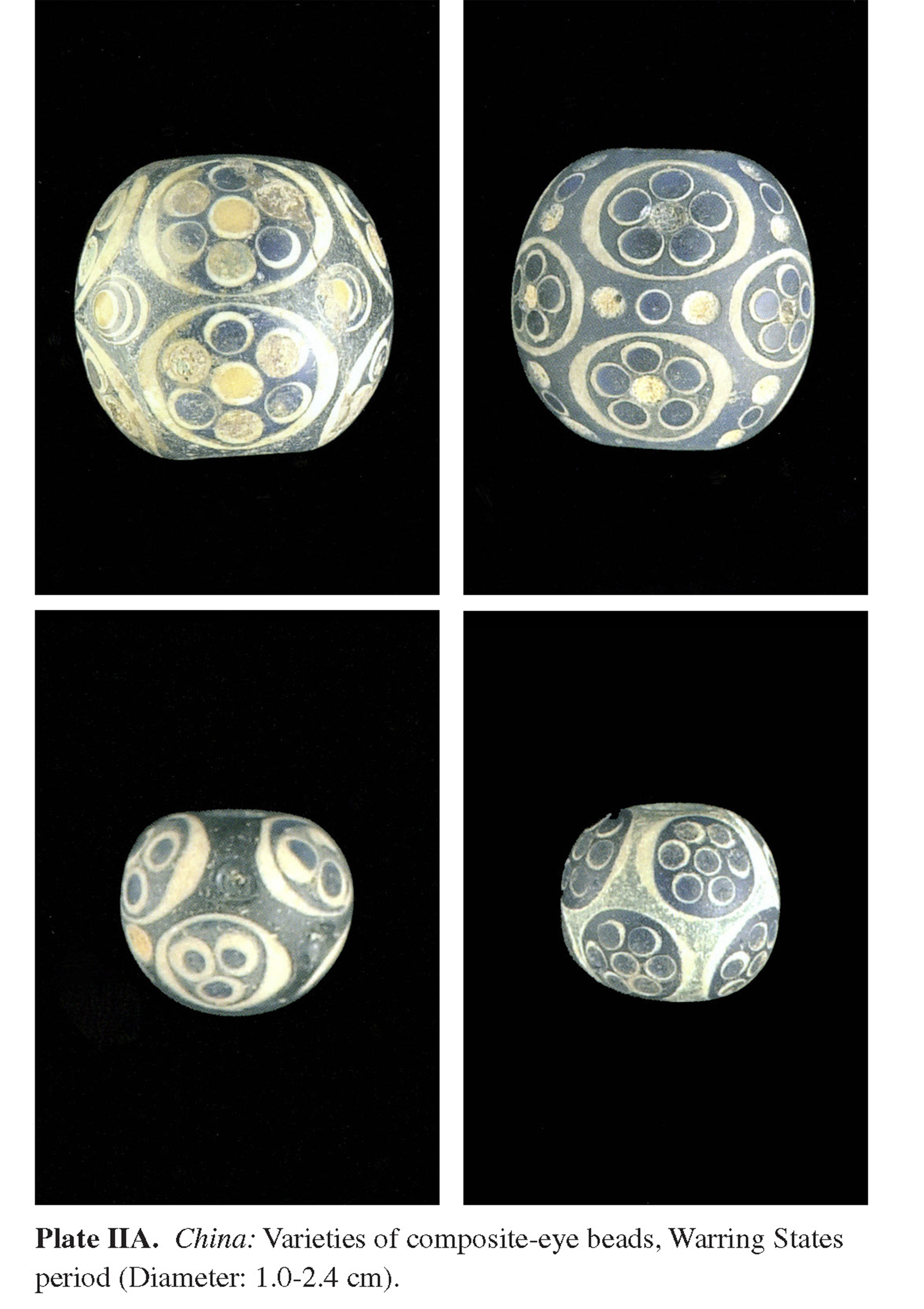 Plate IIA China: Varieties of composite-eye beads, Warring States period (Diameter: 1.0-2.4 cm).