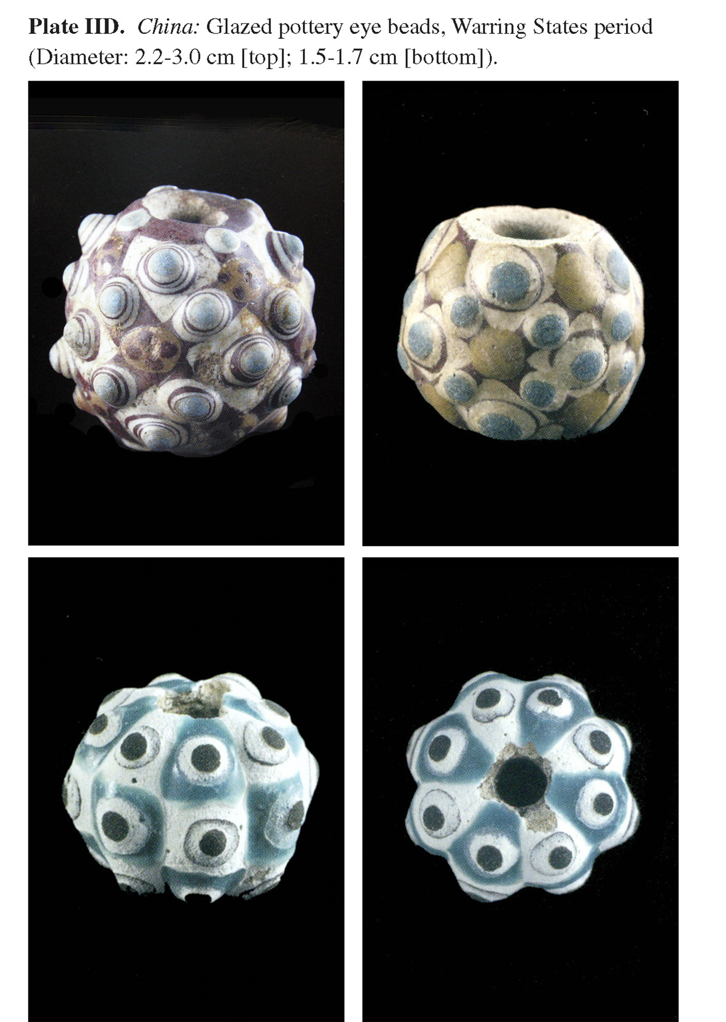 Plate IID China: Glazed pottery eye beads, Warring States period (Diameter: 2.2-3.0 cm [top]; 1.5-1.7 cm [bottom]).