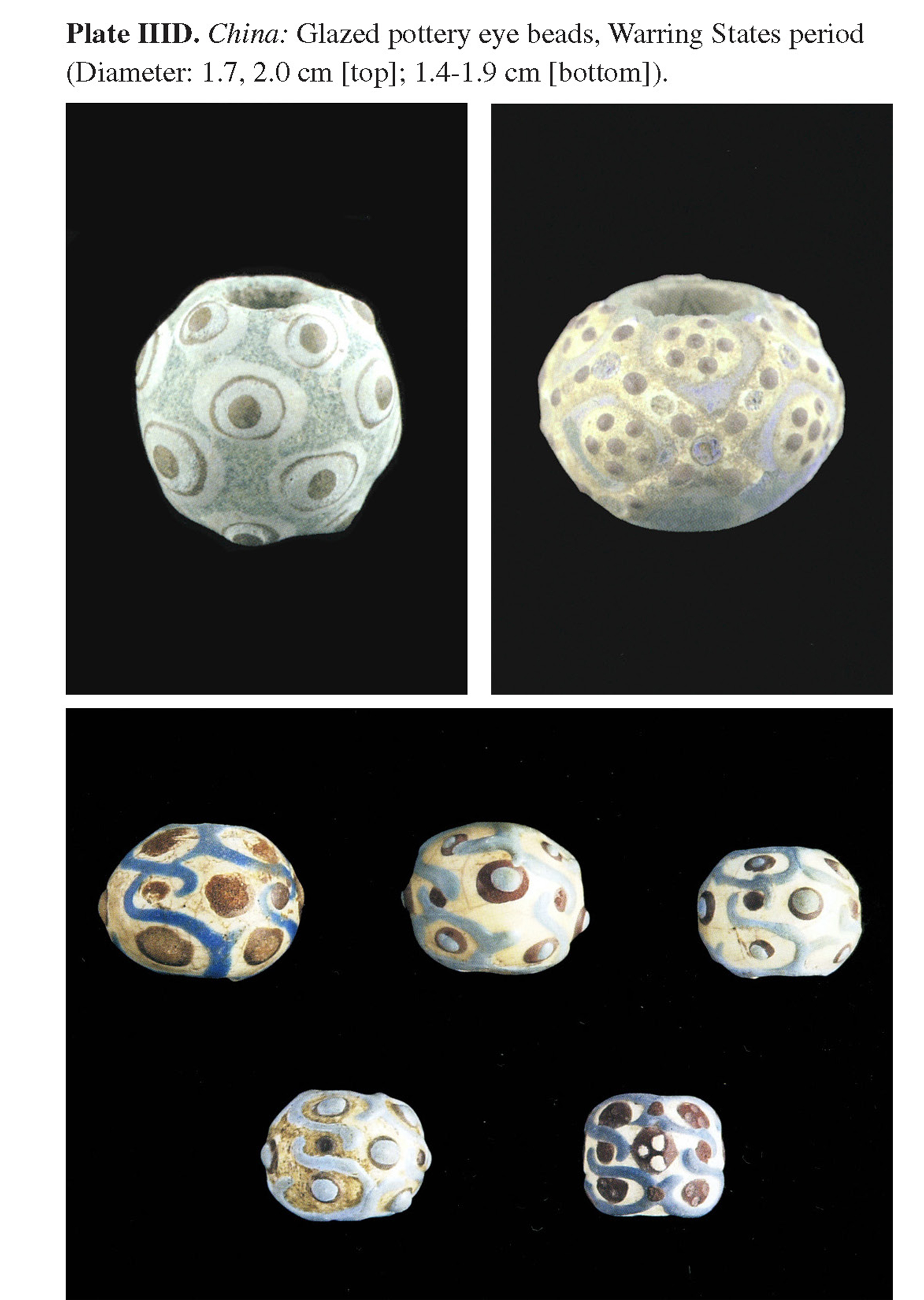 Plate IIID China: Glazed pottery eye beads, Warring States period (Diameter: 1.7, 2.0 cm [top]; 1.4-1.9 cm [bottom]).