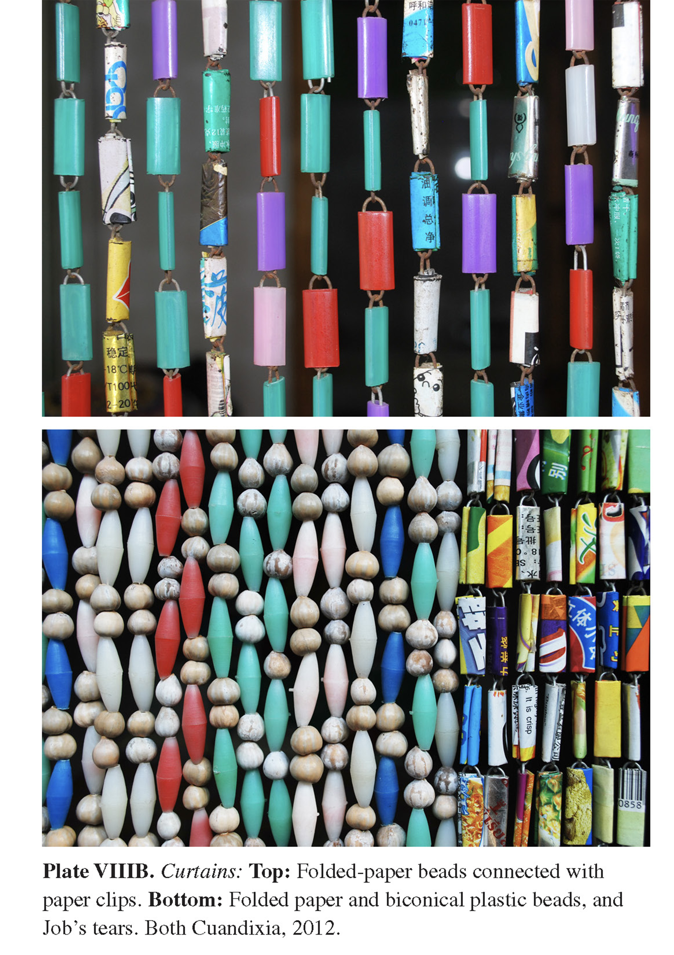 Plate VIIIB Curtains: Top: Folded-paper beads connected with paper clips. Bottom: Folded paper and biconical plastic beads, and Job’s tears. Both Cuandixia, 2012.