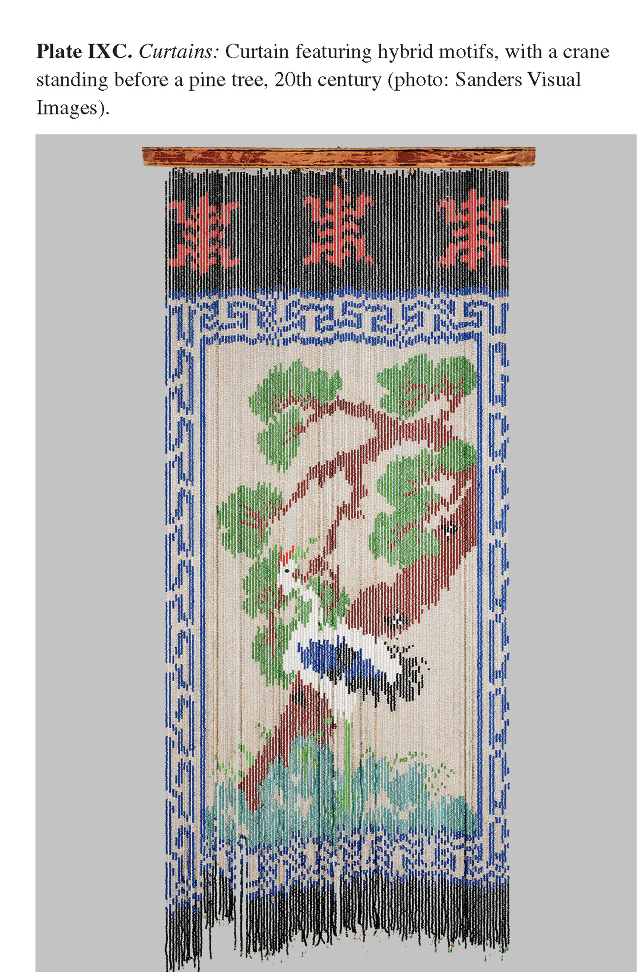 Plate IXC Curtains: Curtain featuring hybrid motifs, with a crane standing before a pine tree, 20th century (photo: Sanders Visual Images).