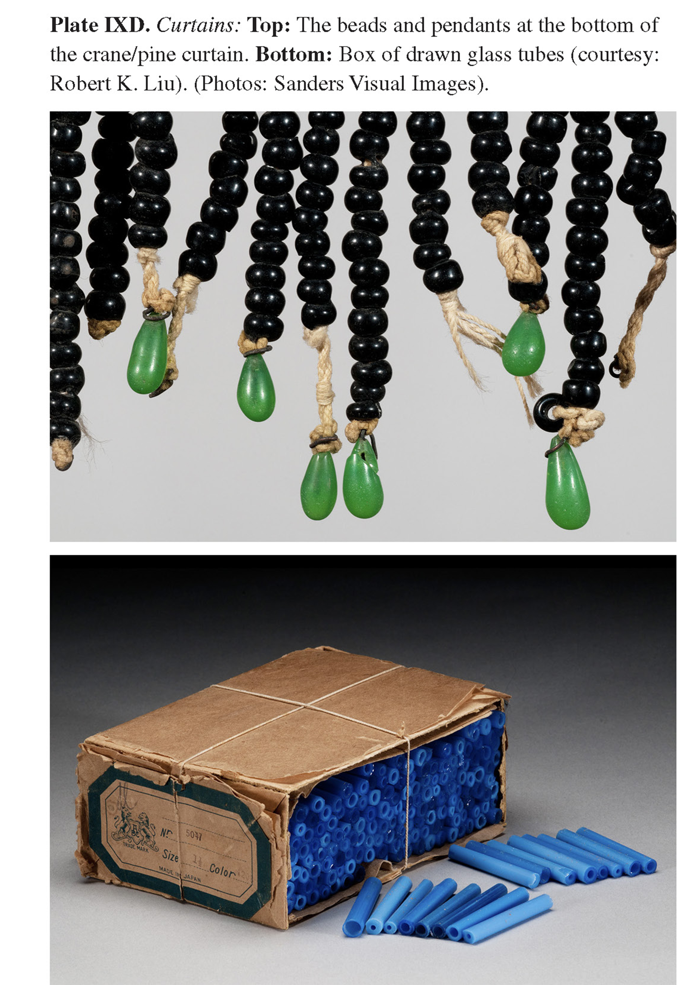 Plate IXD Curtains: Top: The beads and pendants at the bottom of the crane/pine curtain. Bottom: Box of drawn glass tubes (courtesy: Robert K. Liu). (Photos: Sanders Visual Images).