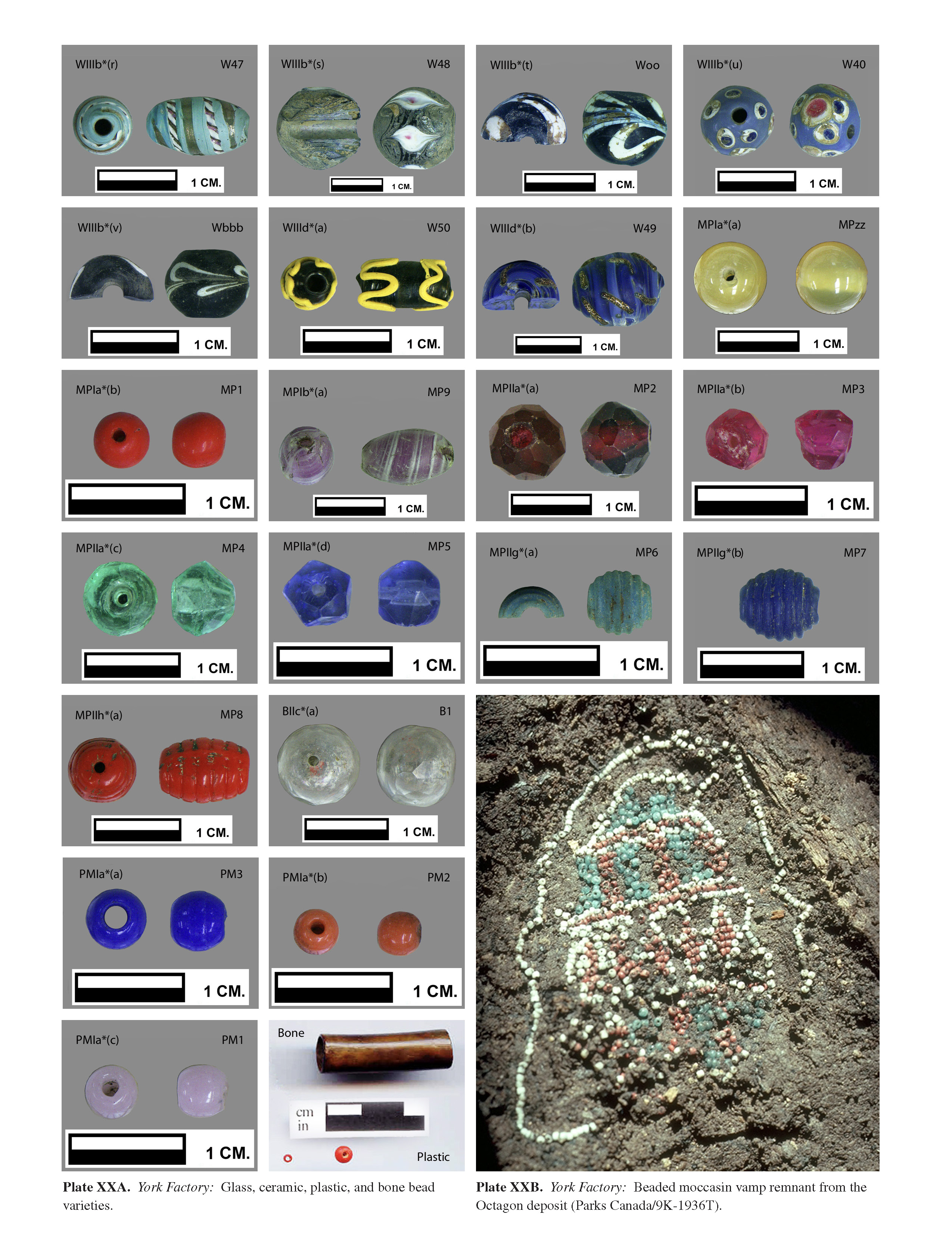 Plate XXA York Factory: Glass, ceramic, plastic, and bone bead varieties.
