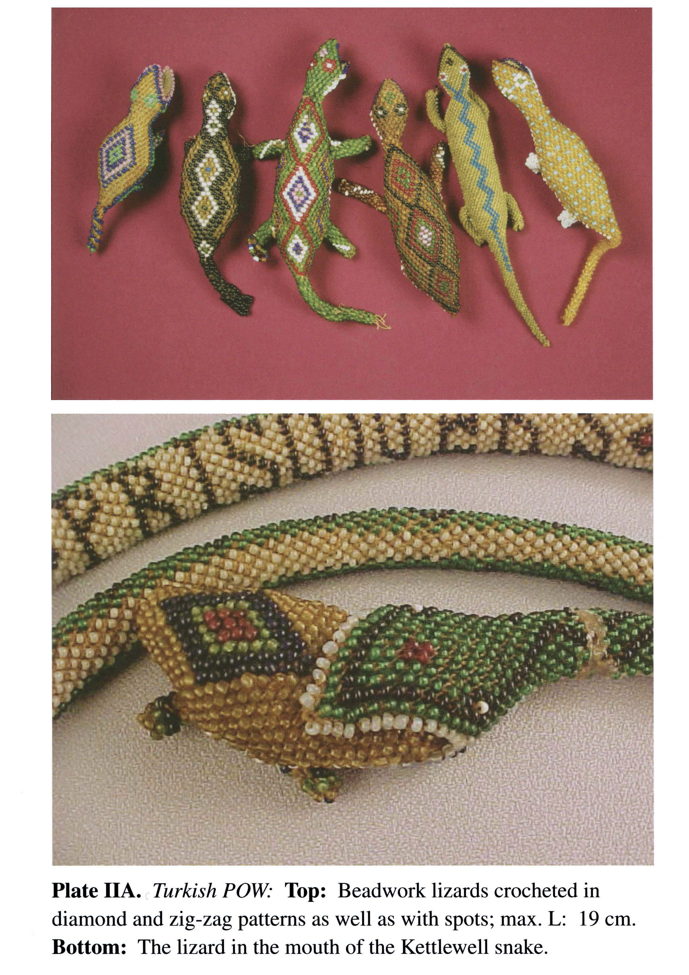 Plate IIA Turkish POW- Top: Beadwork lizards crocheted in diamond and zig-zag patterns as well as with spots; max. L: 19 cm. Bottom: The lizard in the mouth of the Kettlewell snake.