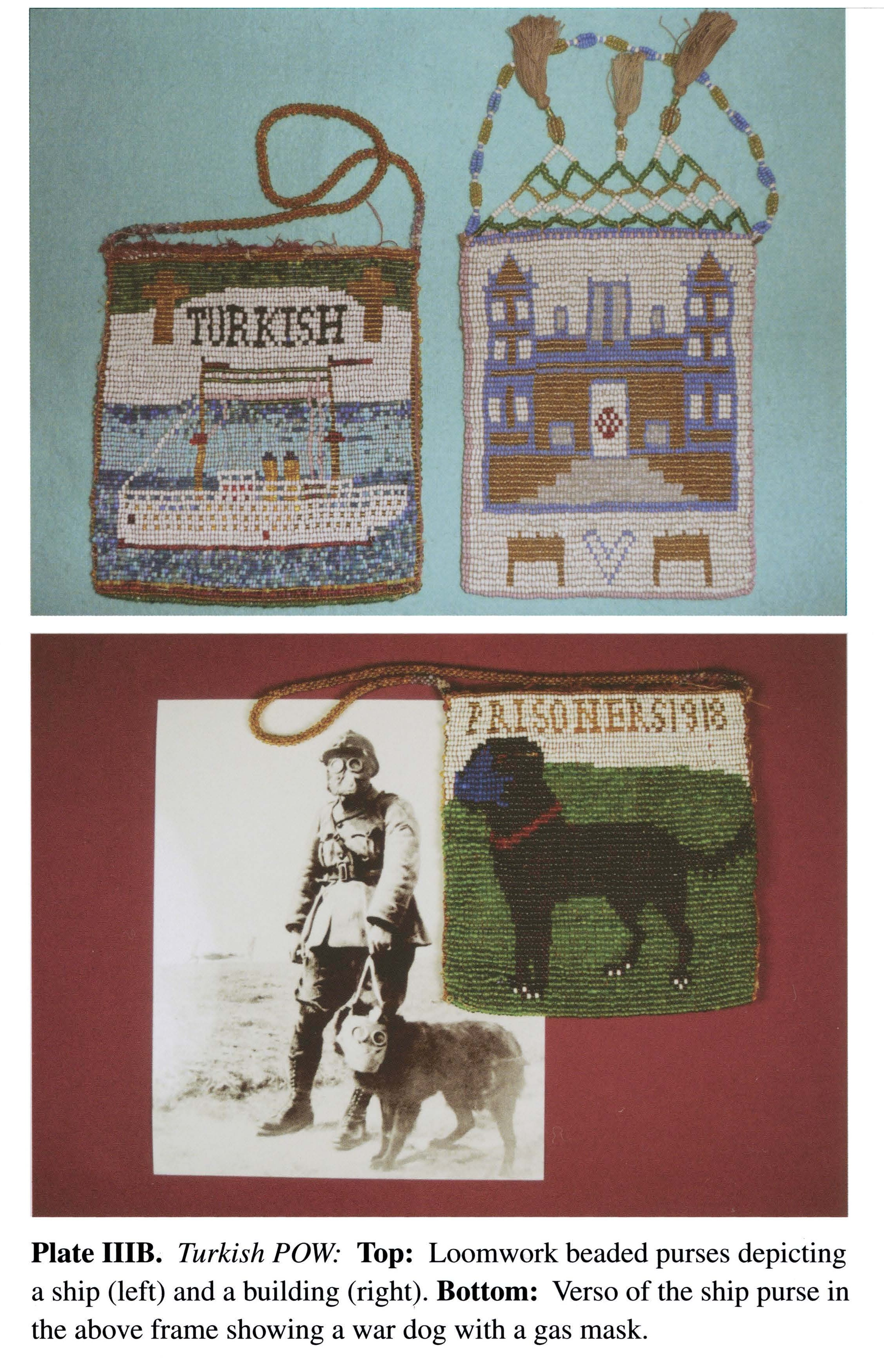 Plate IIIB Turkish POW- Top: Loomwork beaded purses depicting a ship (left) and a building (right). Bottom: Verso of the ship purse in the above frame showing a war dog with a gas mask.