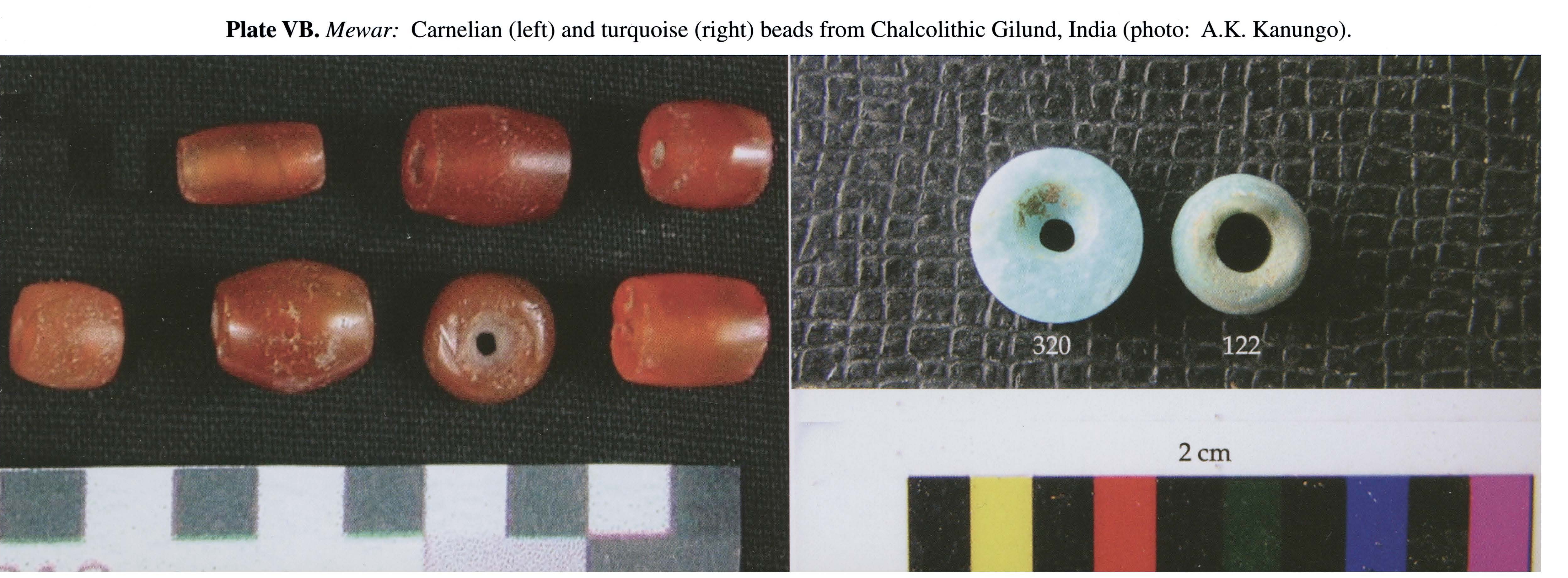 Plate VB Mewar: Carnelian (left) and turquoise (right) beads from Chalcolithic Gilund, India (photo: A.K. Kanungo).
