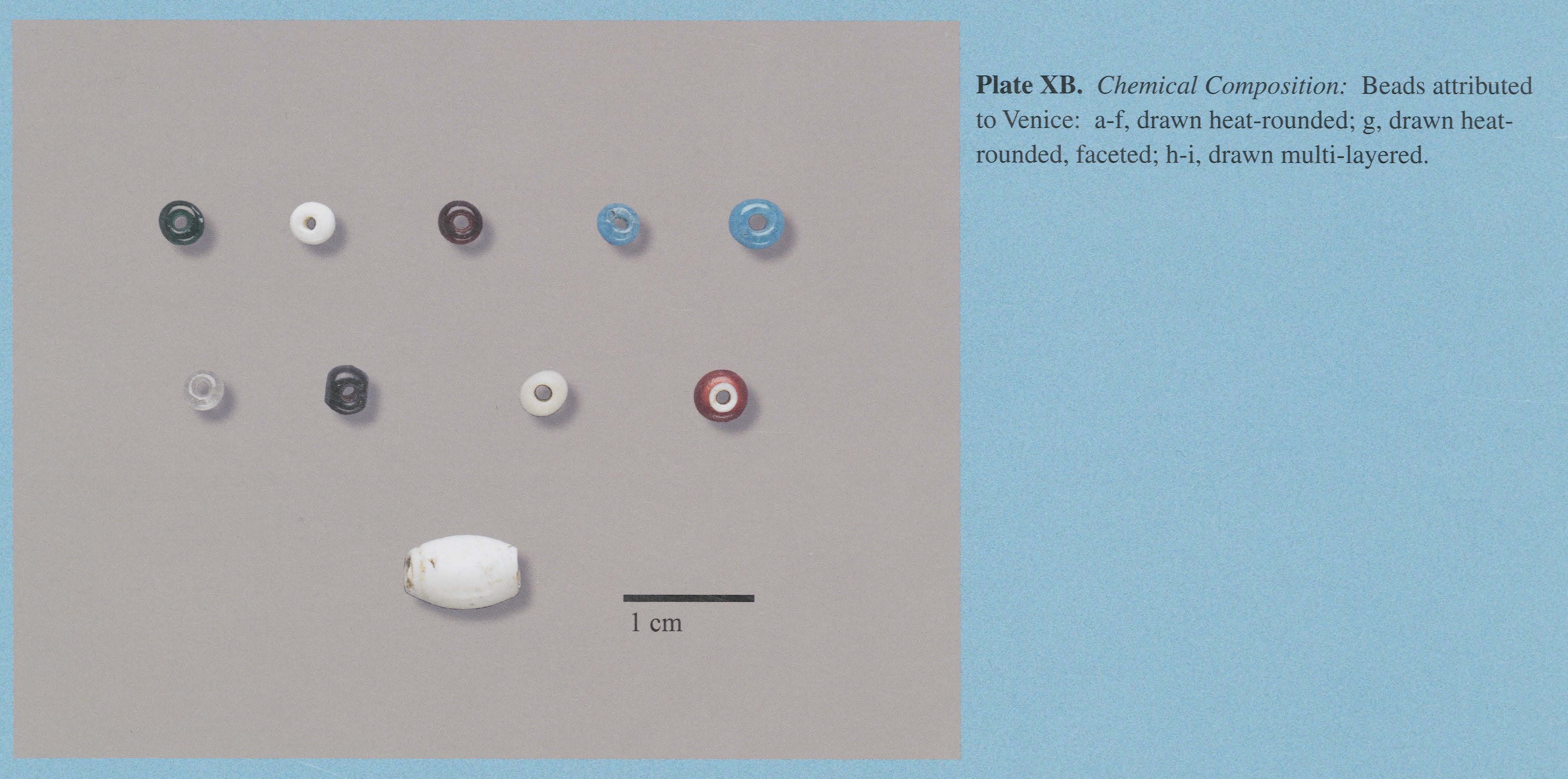 Plate XB Chemical Composition: Beads attributed to Venice: a-f, drawn heat-rounded; g, drawn heatrounded, faceted; h-i, drawn multi-layered .