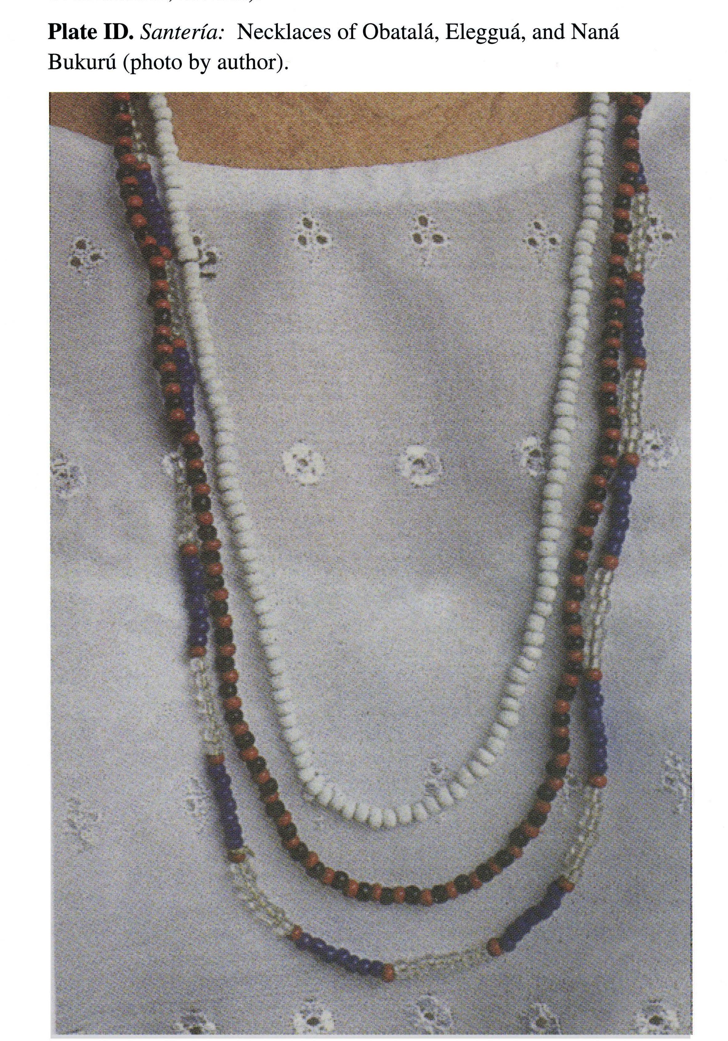 Plate ID Santería: Necklaces of Obatala, Eleggua, and Nana Bukuru (photo by author).