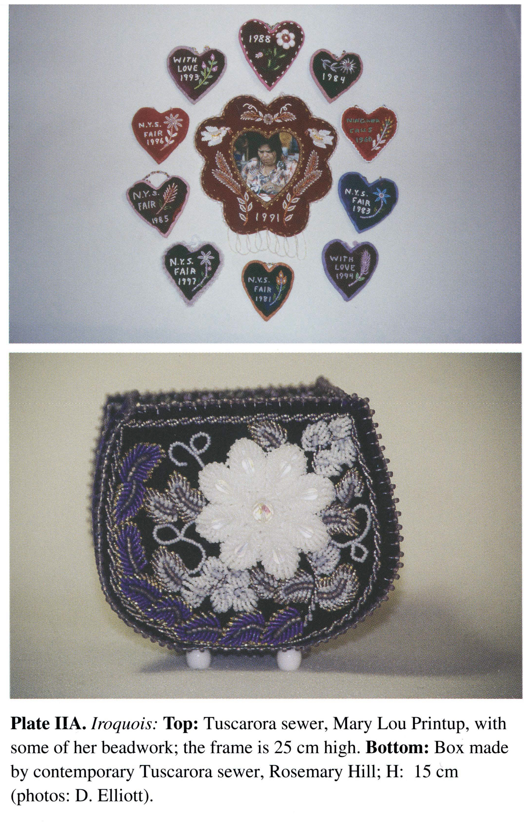 Plate IIA Iroquois: Top: Tuscarora sewer, Mary Lou Printup, with some of her beadwork; the frame is 25 cm high. Bottom: Box made by contemporary Tuscarora sewer, Rosemary Hill; H: 15 cm (photos: D. Elliott).