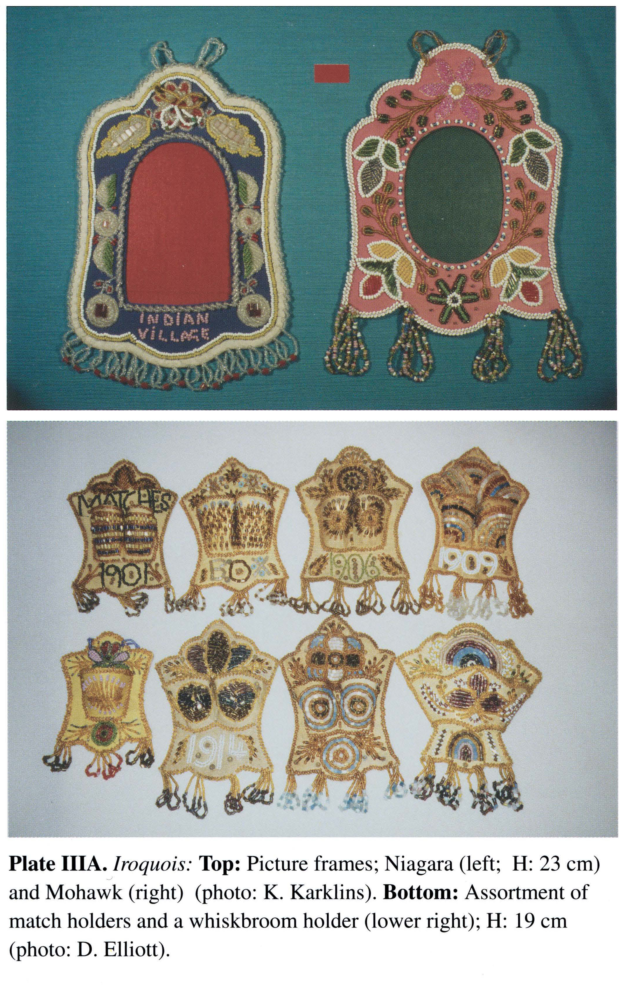 Plate IIIA Iroquois: Top: Picture frames; Niagara (left; H: 23 cm) and Mohawk (right) (photo: K. Karklins). Bottom: Assortment of match holders and a whiskbroom holder (lower right); H: 19 cm (photo: D. Elliott).