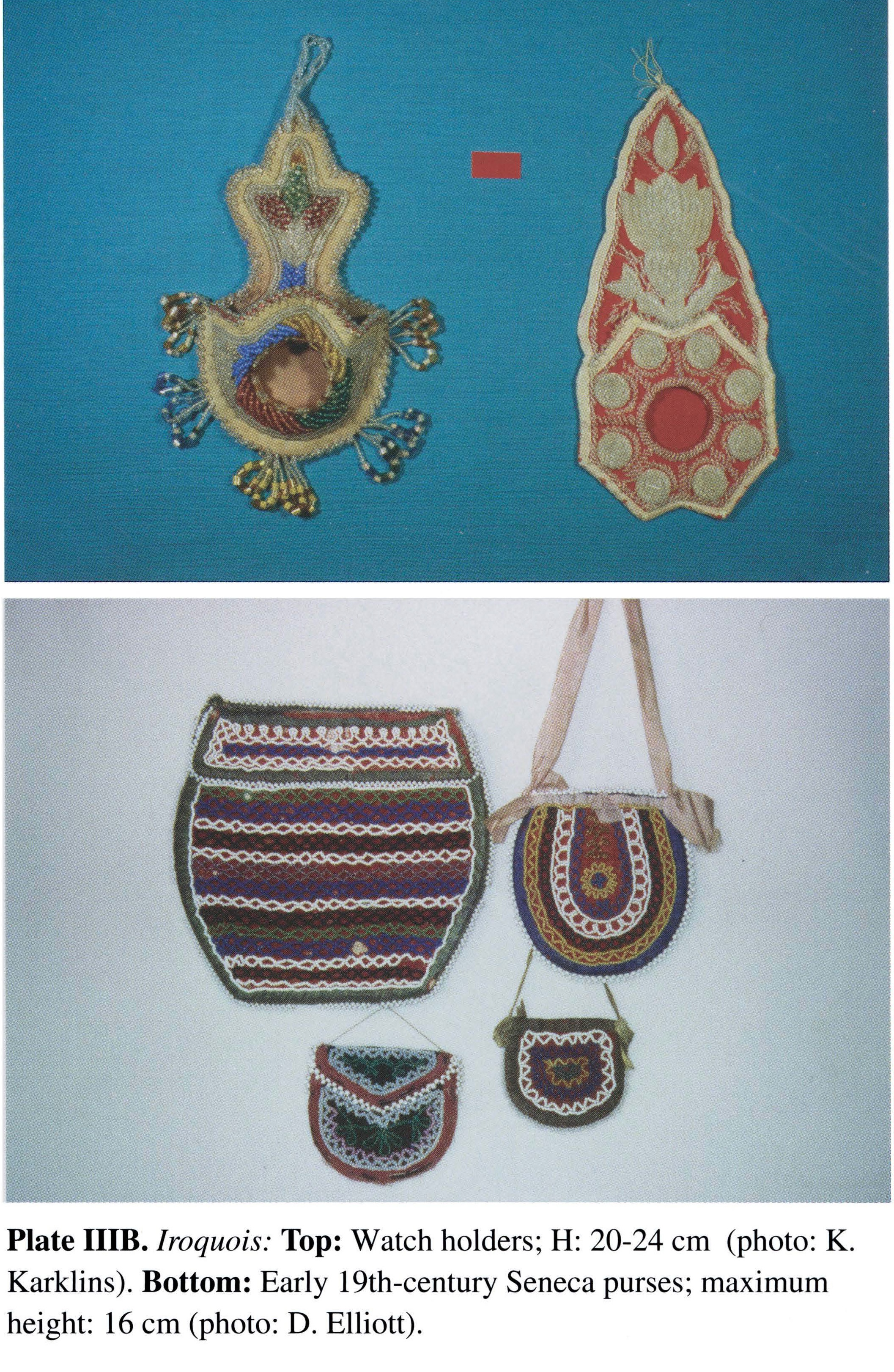 Plate IIIB Iroquois: Top: Watch holders; H: 20-24 cm (photo: K. Karklins). Bottom: Early 19th-century Seneca purses; maximum height: 16 cm (photo: D. Elliott).
