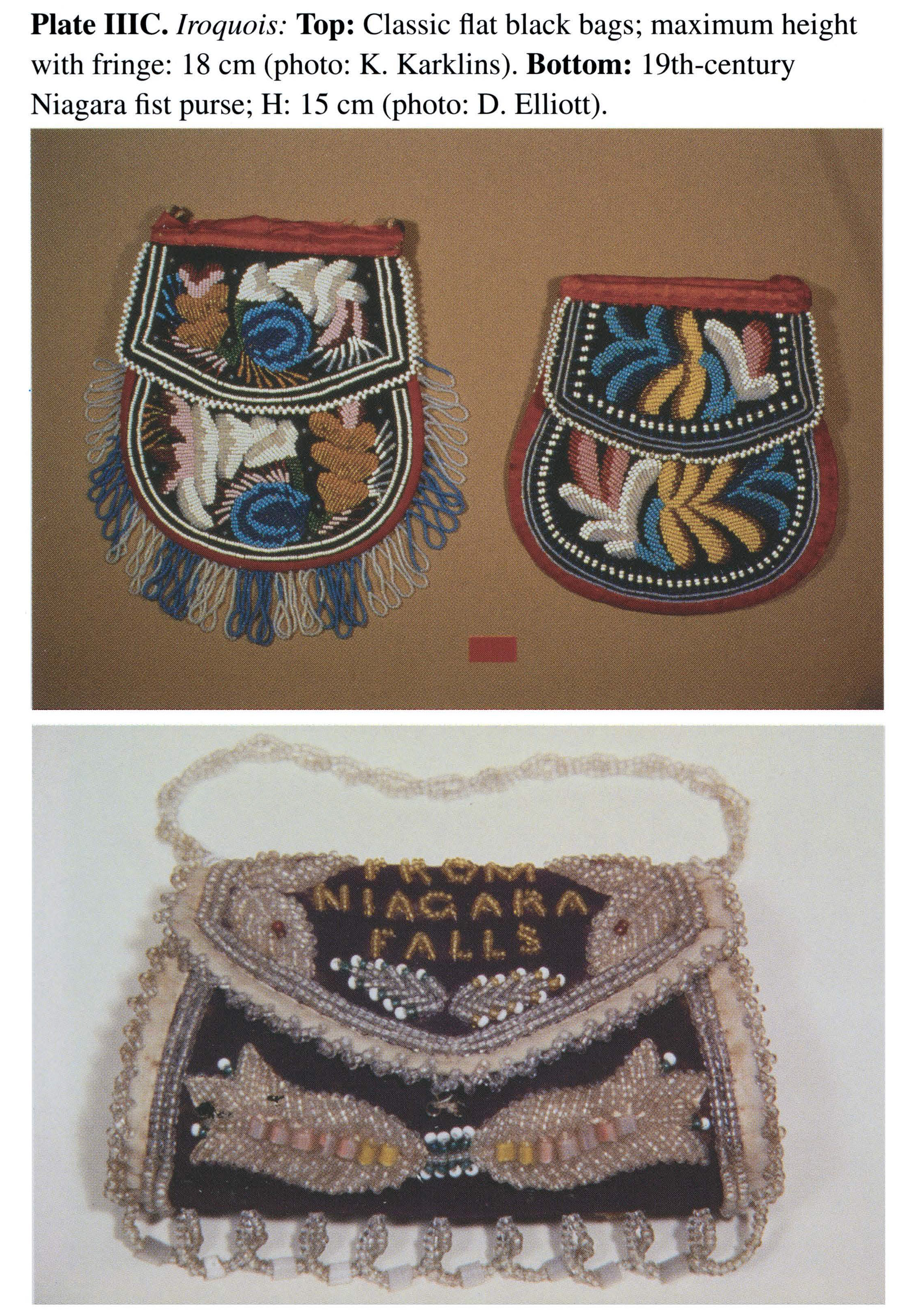 Plate IIIC Iroquois: Top: Classic flat black bags; maximum height with fringe: 18 cm (photo: K. Karklins). Bottom: 19th-century Niagara fist purse; H: 15 cm (photo: D. Elliott).