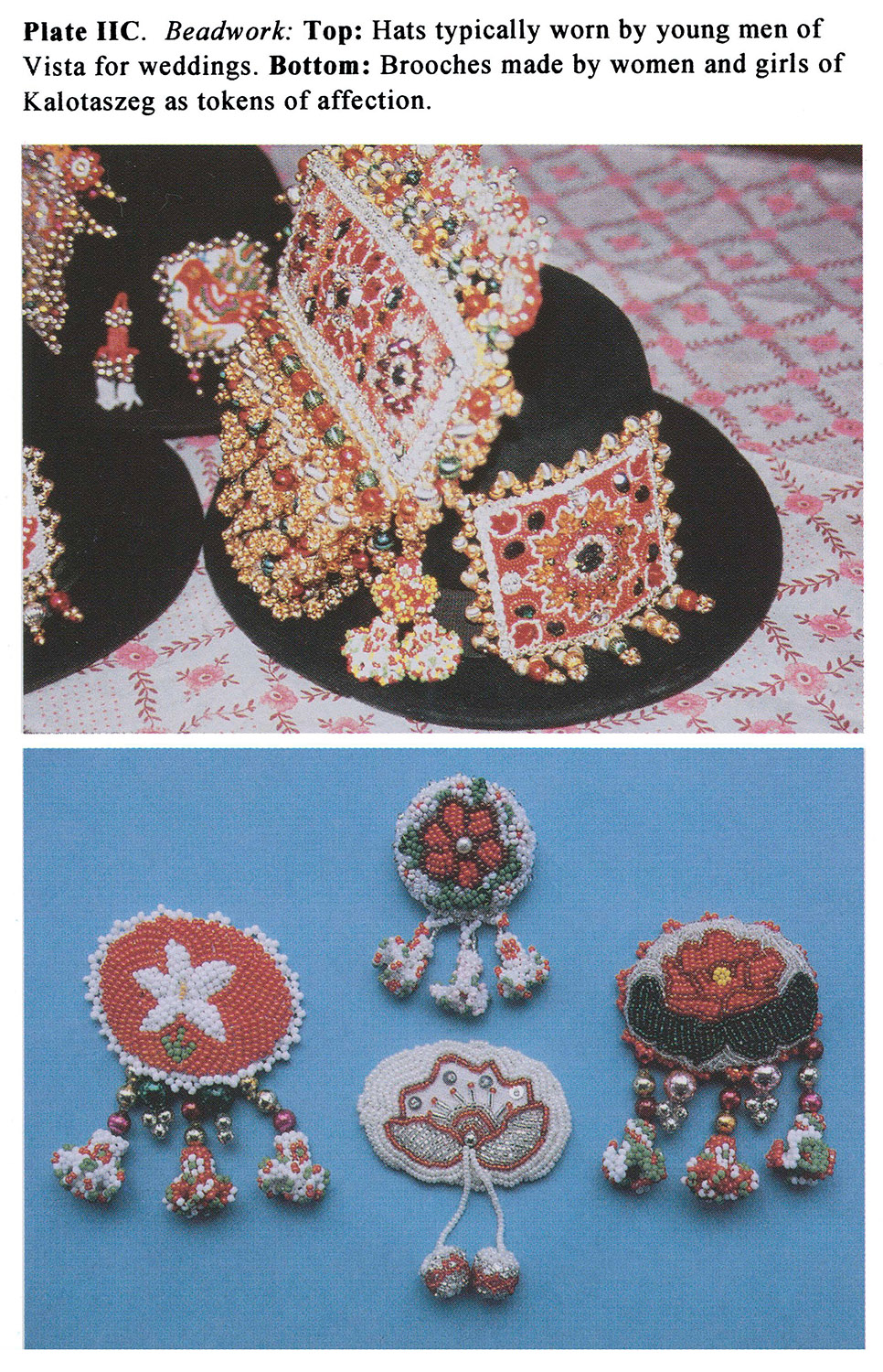 Plate IIC Beadwork: Top: Hats typically worn by young men of Vista for weddings. Bottom: Brooches made by women and girls of Kalotaszeg as tokens of affection.