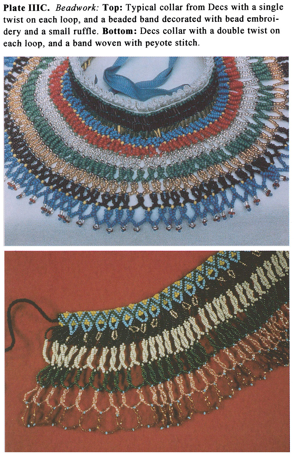 Plate IIIC Beadwork: Top: Typical collar from Dees with a single twist on each loop, and a beaded band decorated with bead embroidery and a small ruffle. Bottom: Dees collar with a double twist on each loop, and a band woven with peyote stitch.