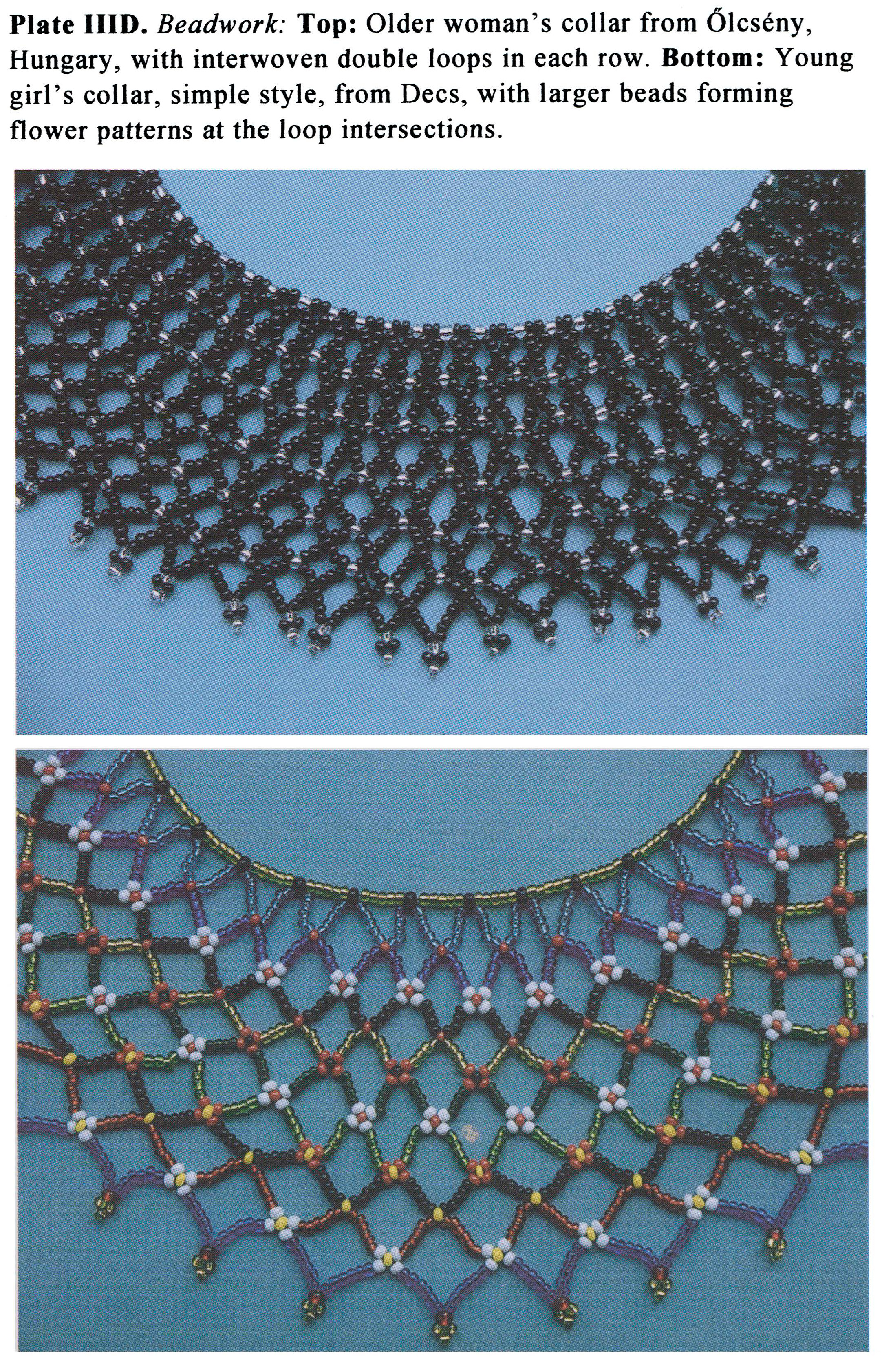 Plate IIID Beadwork: Top: Older woman's collar from 6Icseny, Hungary, with interwoven double loops in each row. Bottom: Young girl's collar, simple style, from Dees, with larger beads forming flower patterns at the loop intersections. 
