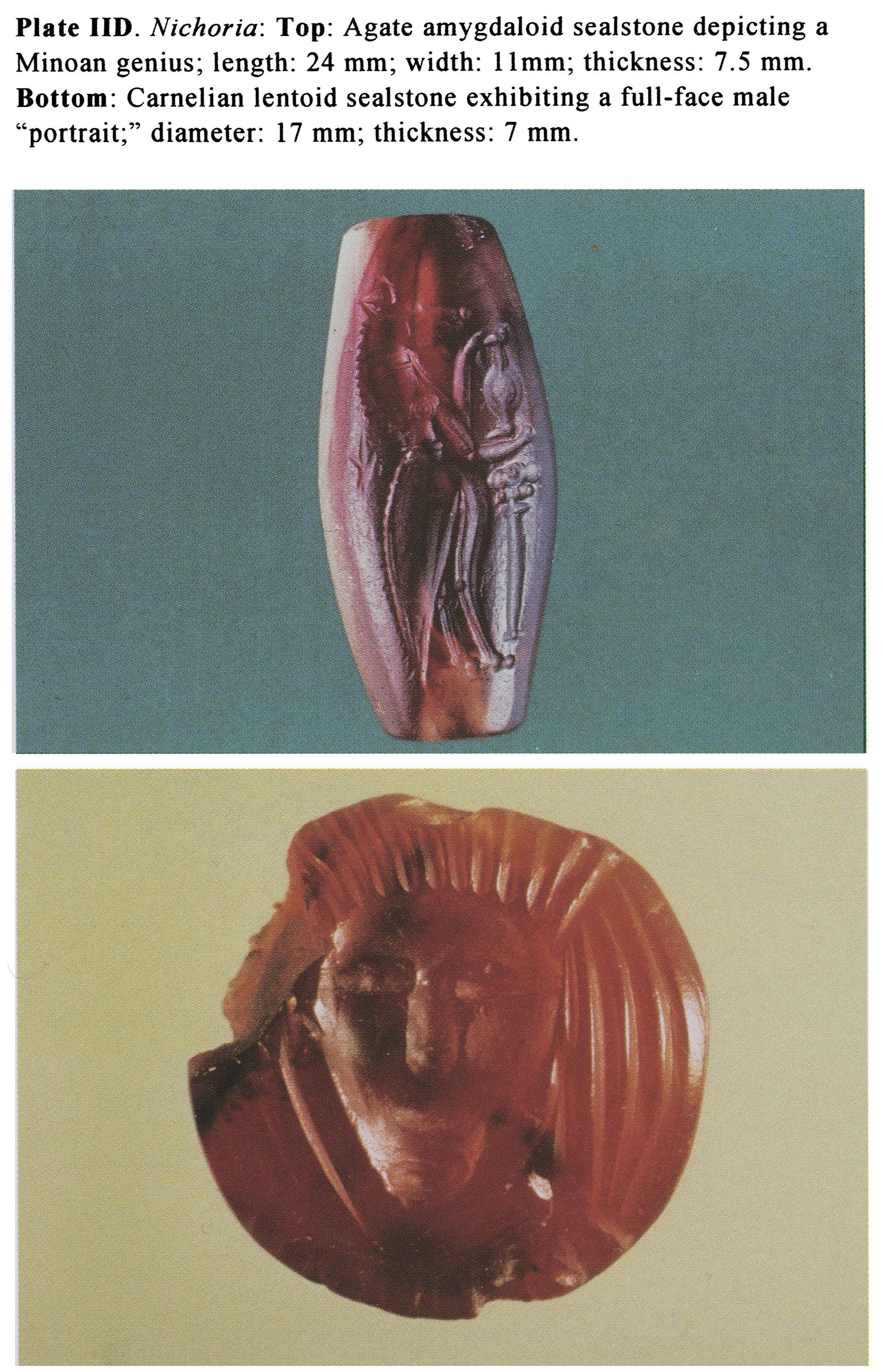 Plate IID Nichoria: Top: Agate amygdaloid sealstone depicting a Minoan genius; length: 24 mm; width: I Imm; thickness: 7.5 mm. Bottom: Carnelian lentoid sealstone exhibiting a full-face male 
