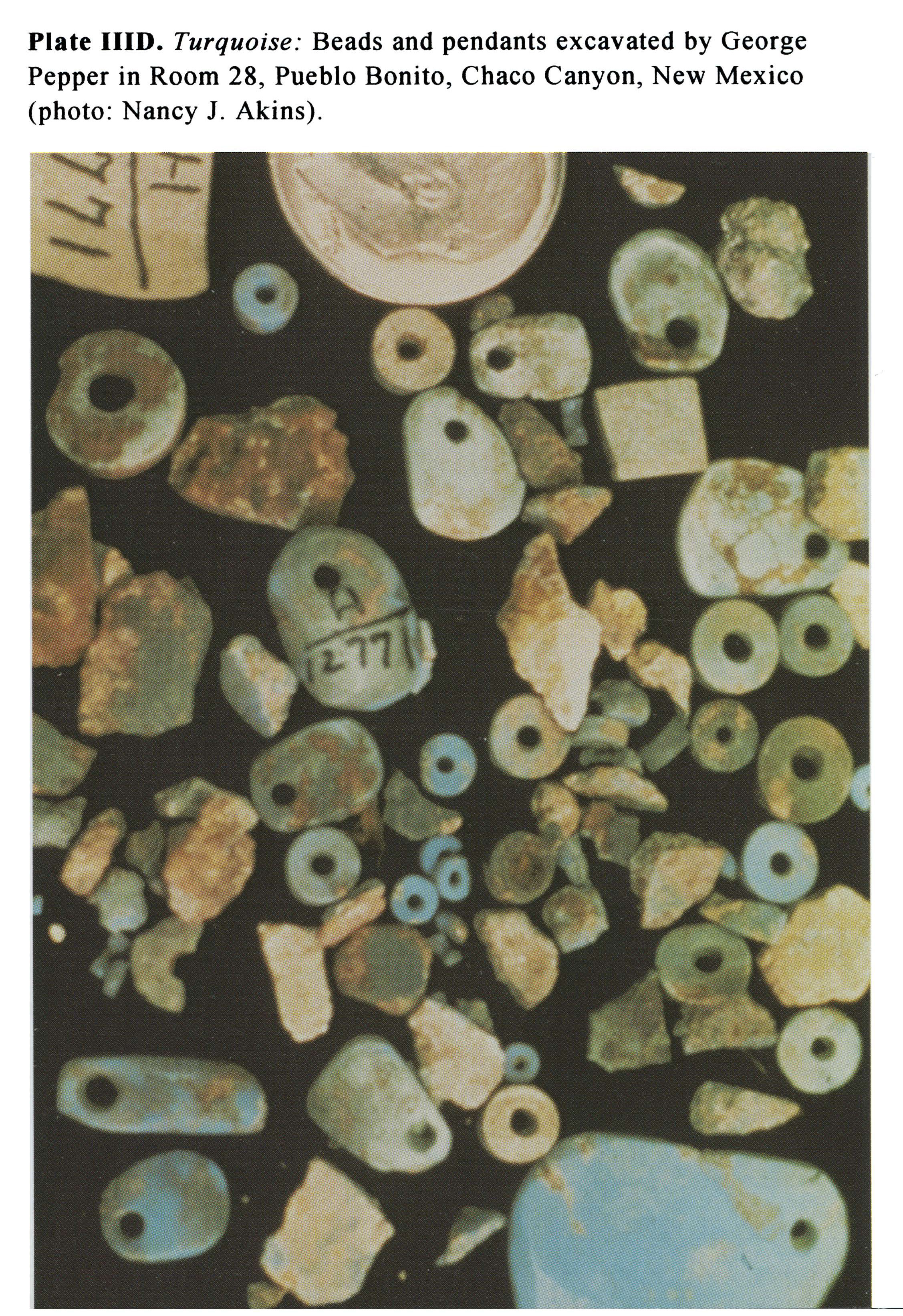 Plate IIID Turquoise: Beads and pendants excavated by George Pepper in Room 28, Pueblo Bonito, Chaco Canyon, New Mexico (photo: Nancy J. Akins).