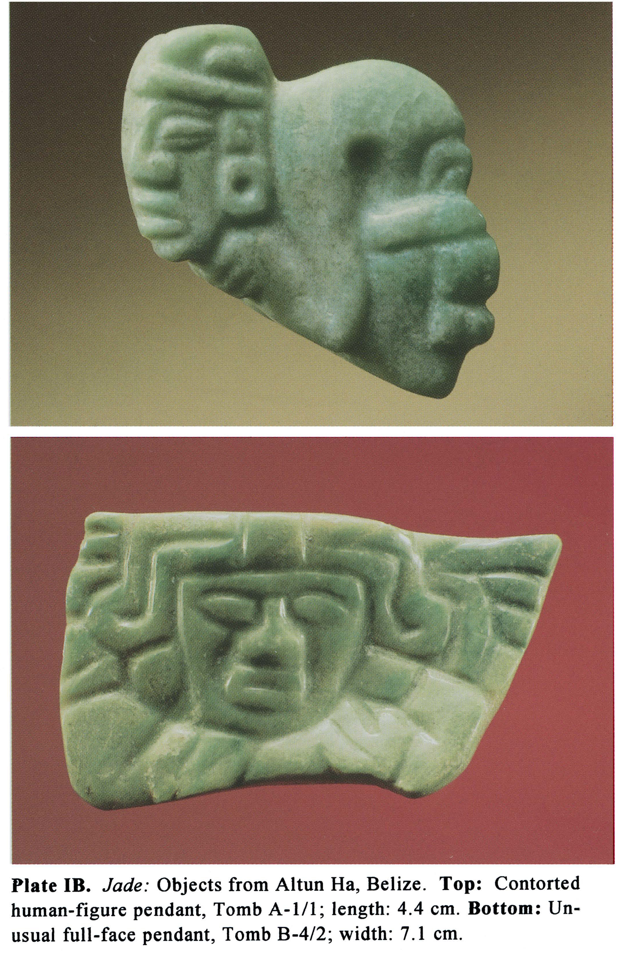 Plate IB Jade: Objects from Altun Ha, Belize. Top: Contorted human-figure pendant, Tomb A-1/1; length: 4.4 cm. Bottom: Unusual full-face pendant, Tomb B-4/2; width: 7. l cm.