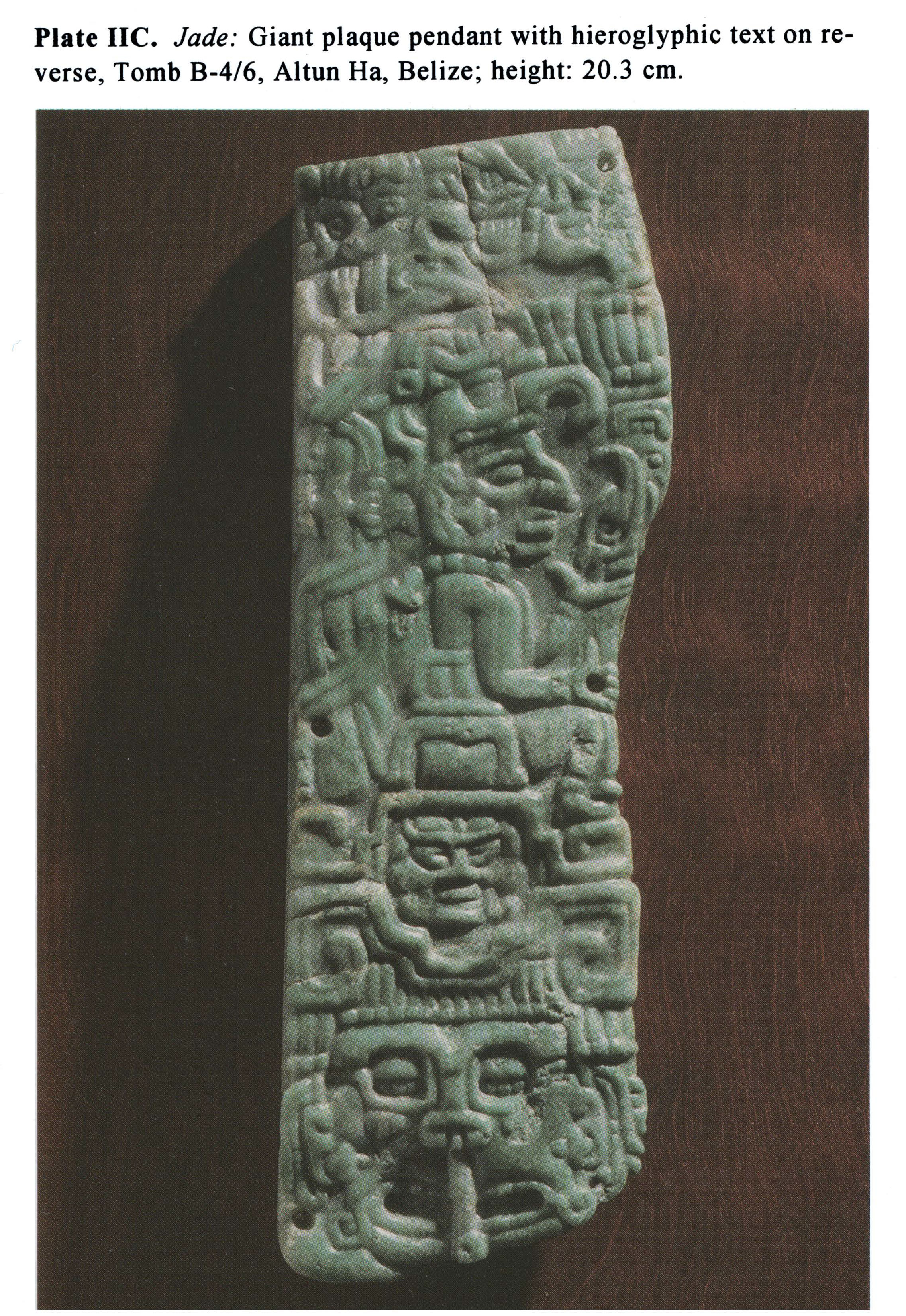 Plate IIC Jade: Giant plaque pendant with hieroglyphic text on reverse, Tomb 8-4/6, Altun Ha, Belize; height: 20.3 cm.