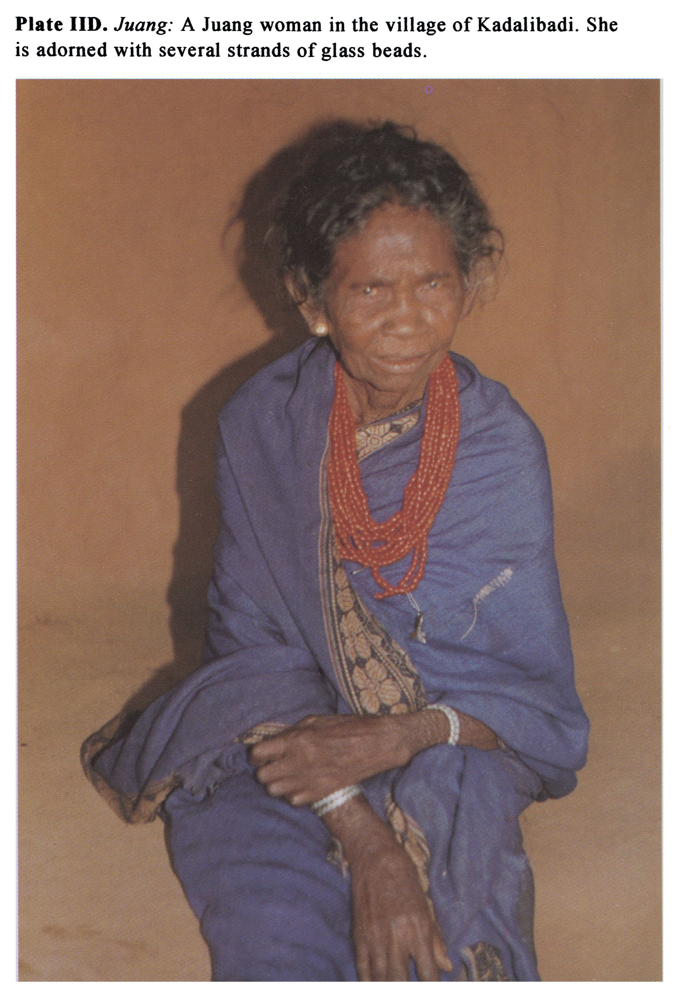 Plate IID Juang: A Juang woman in the village of Kadalibadi. She is adorned with several strands of glass beads.