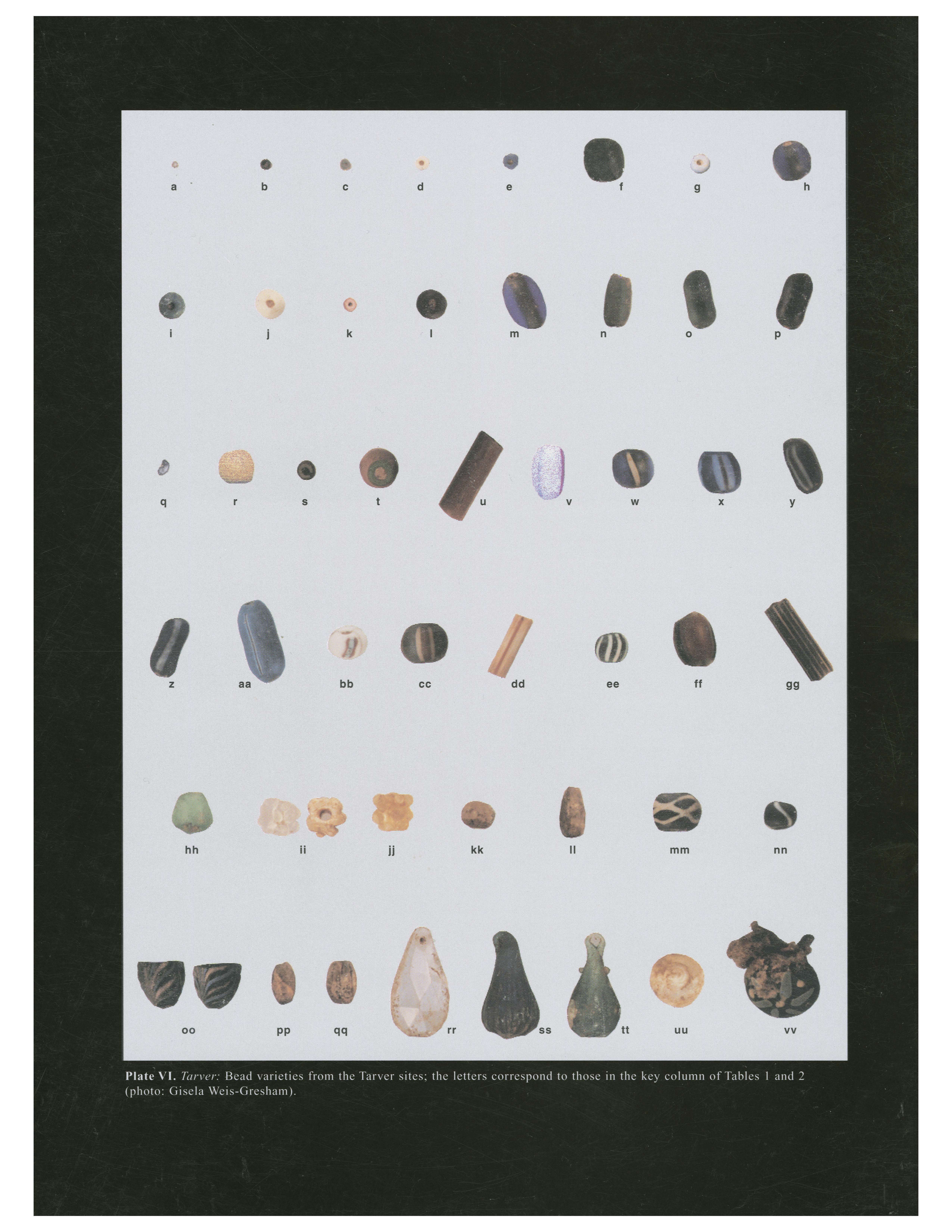 Plate VIA Tarver: Bead varieties from the Tarver sites; the letter correspond to those in the key column of Tables 1 and 2 (photo: Gisela Weis-Gresham).