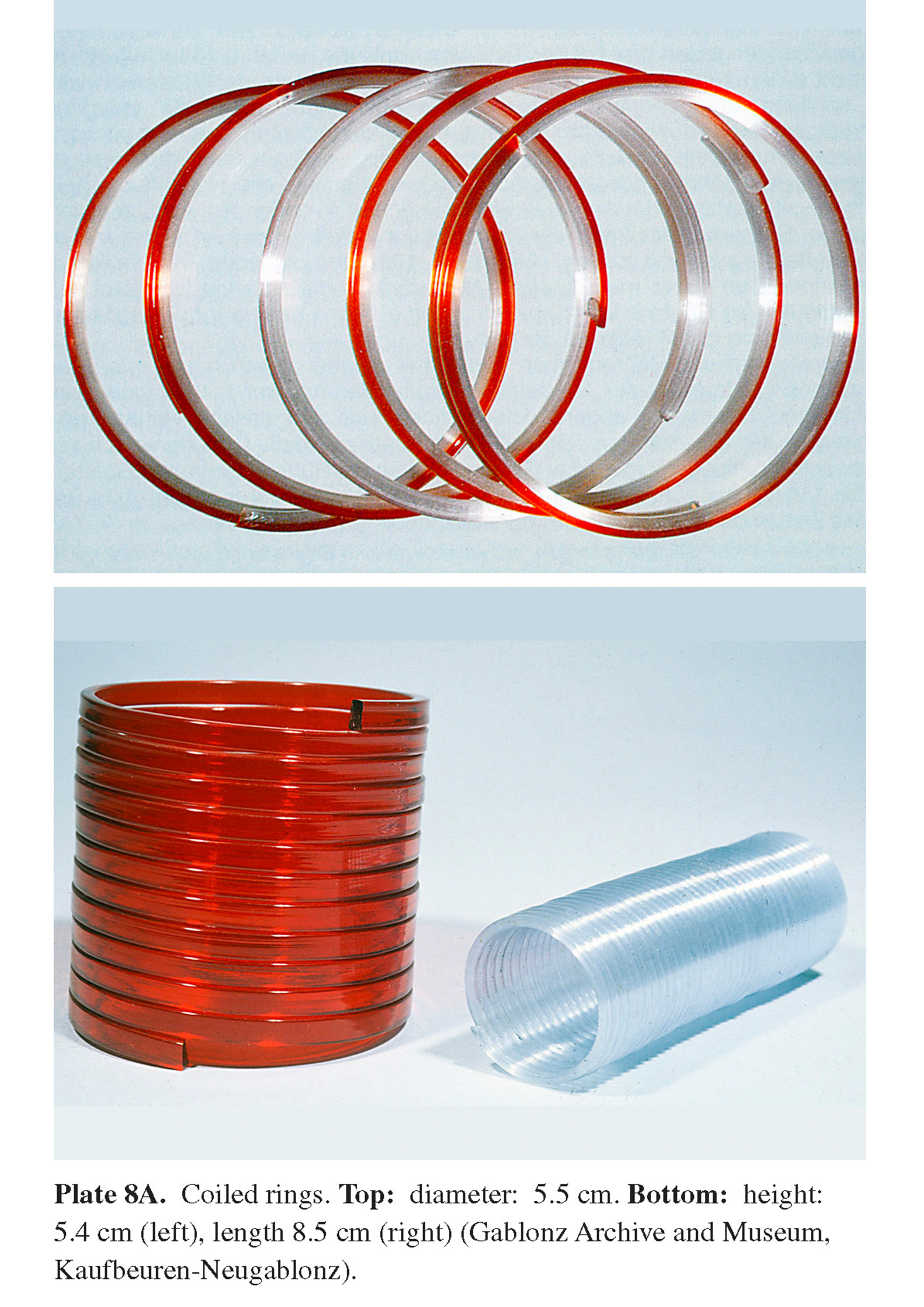 Plate 8A Coiled rings. Top: diameter: 5.5 cm. Bottom: height: 5.4 cm (left), length 8.5 cm (right) (Gablonz Archive and Museum, Kaufbeuren-Neugablonz).