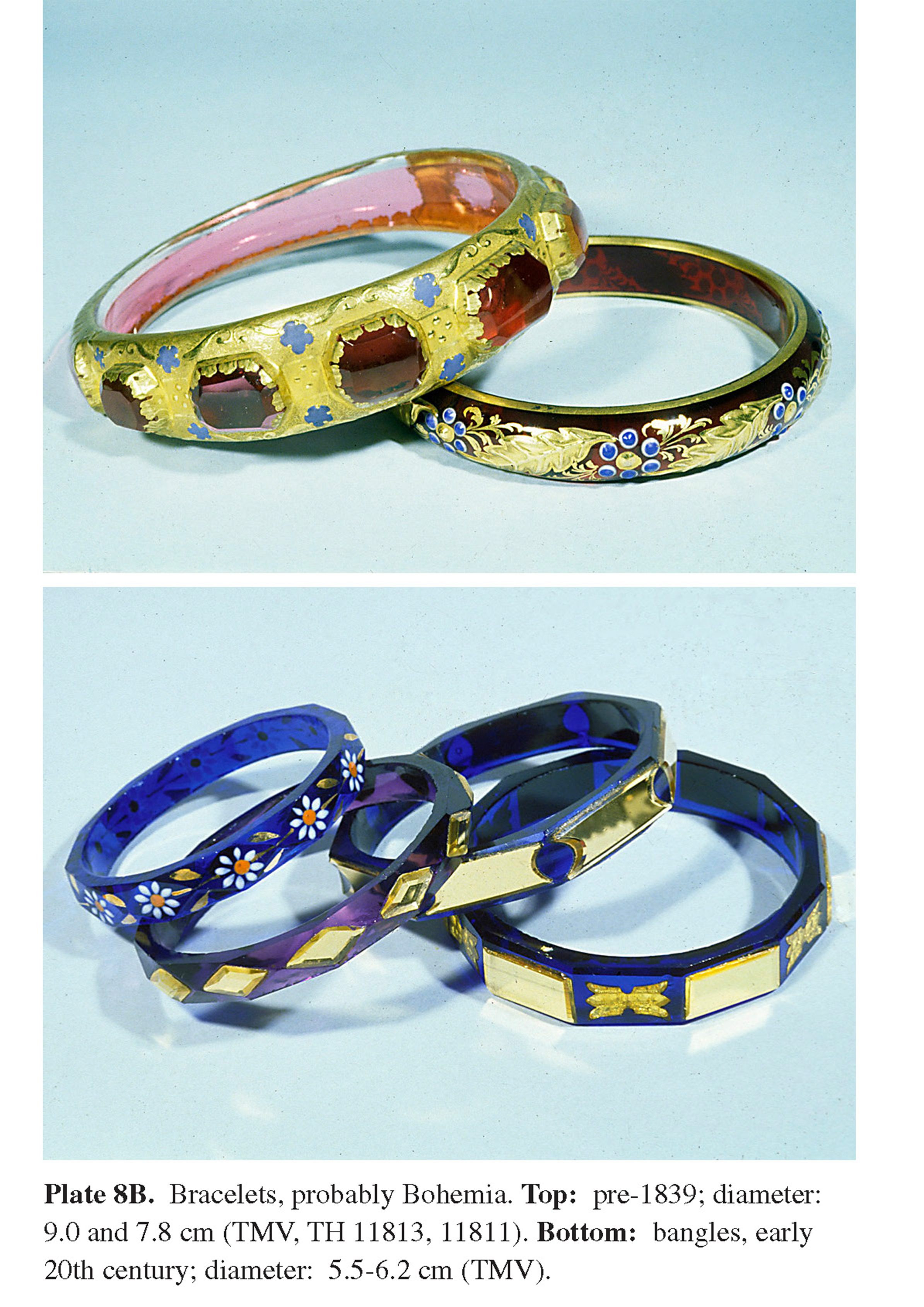 Plate 8B Bracelets, probably Bohemia. Top: pre-1839; diameter: 9.0 and 7.8 cm (TMV, TH 11813, 11811). Bottom: bangles, early 20th century; diameter: 5.5-6.2 cm (TMV).
