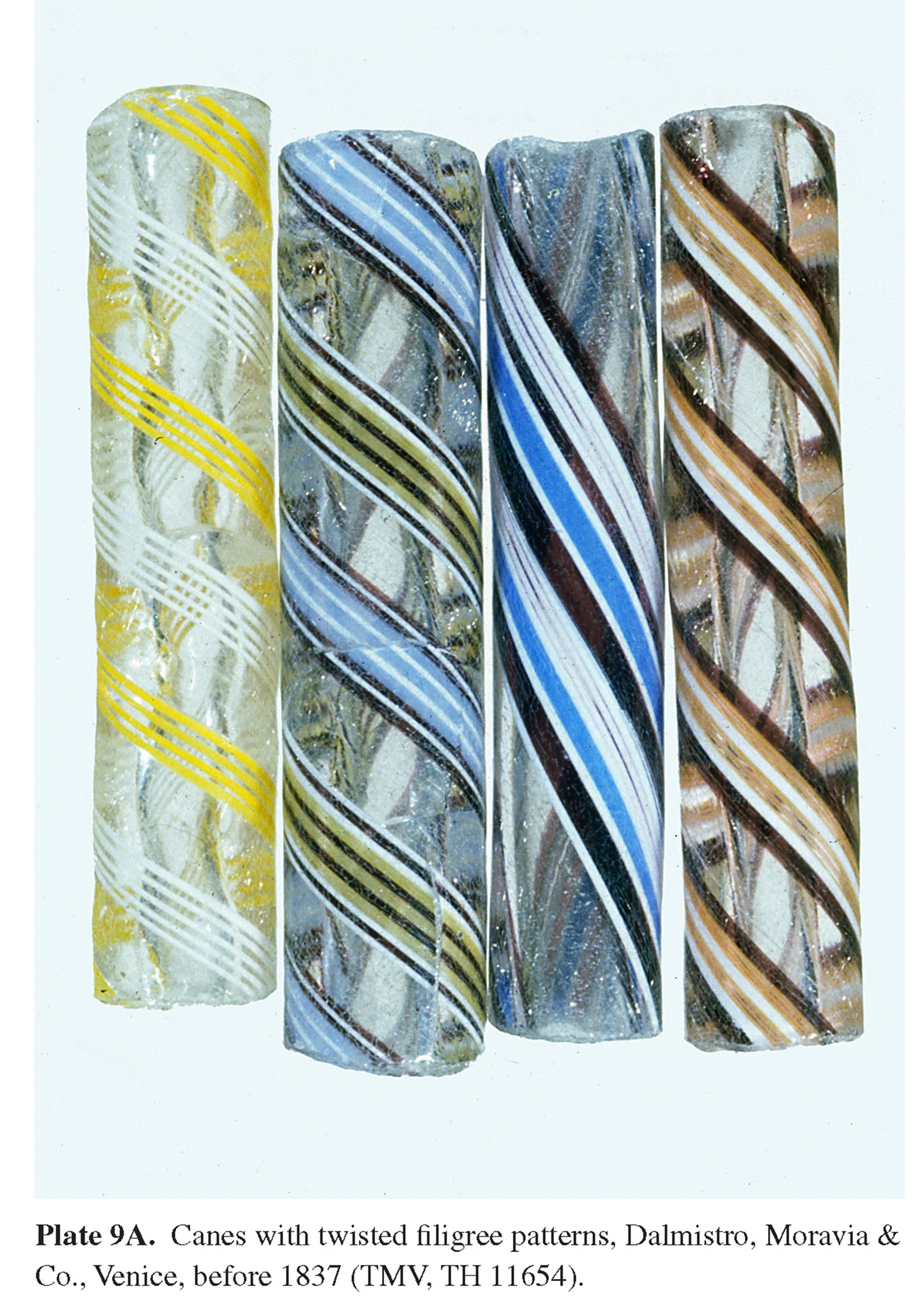 Plate 9A Canes with twisted filigree patterns, Dalmistro, Moravia & Co., Venice, before 1837 (TMV, TH 11654).