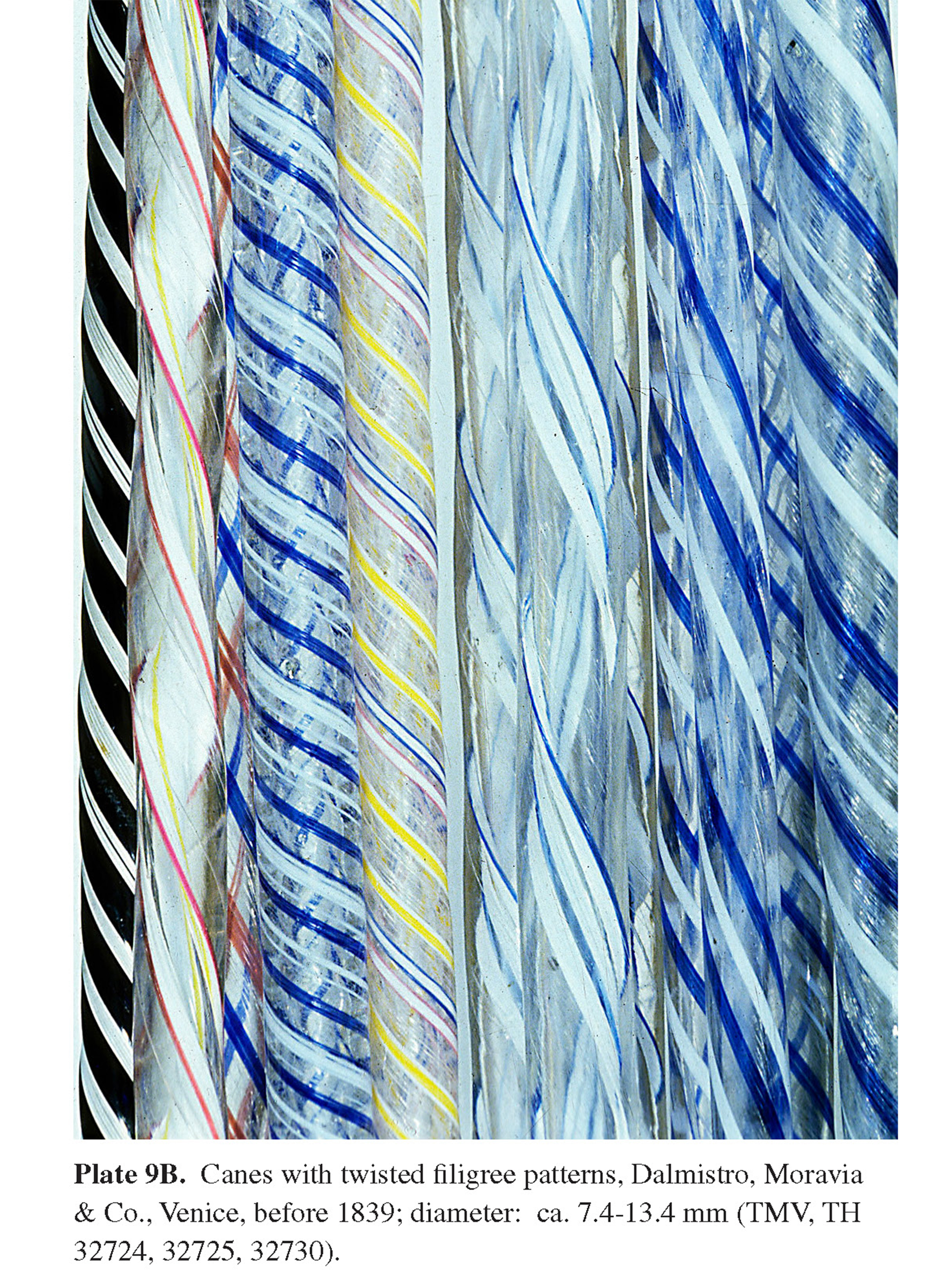 Plate 9B Canes with twisted filigree patterns, Dalmistro, Moravia & Co., Venice, before 1839; diameter: ca. 7.4-13.4 mm (TMV, TH 32724, 32725, 32730).
