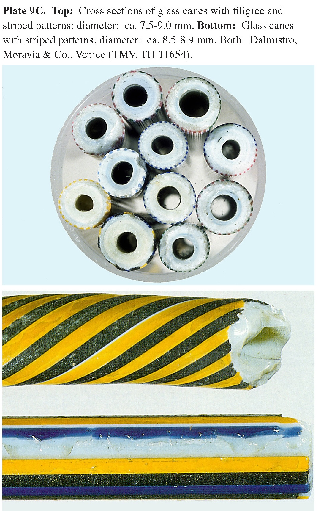 Plate 9C Top: Cross sections of glass canes with filigree and striped patterns; diameter: ca. 7.5-9.0 mm. Bottom: Glass canes with striped patterns; diameter: ca. 8.5-8.9 mm. Both: Dalmistro, Moravia & Co., Venice (TMV, TH 11654).