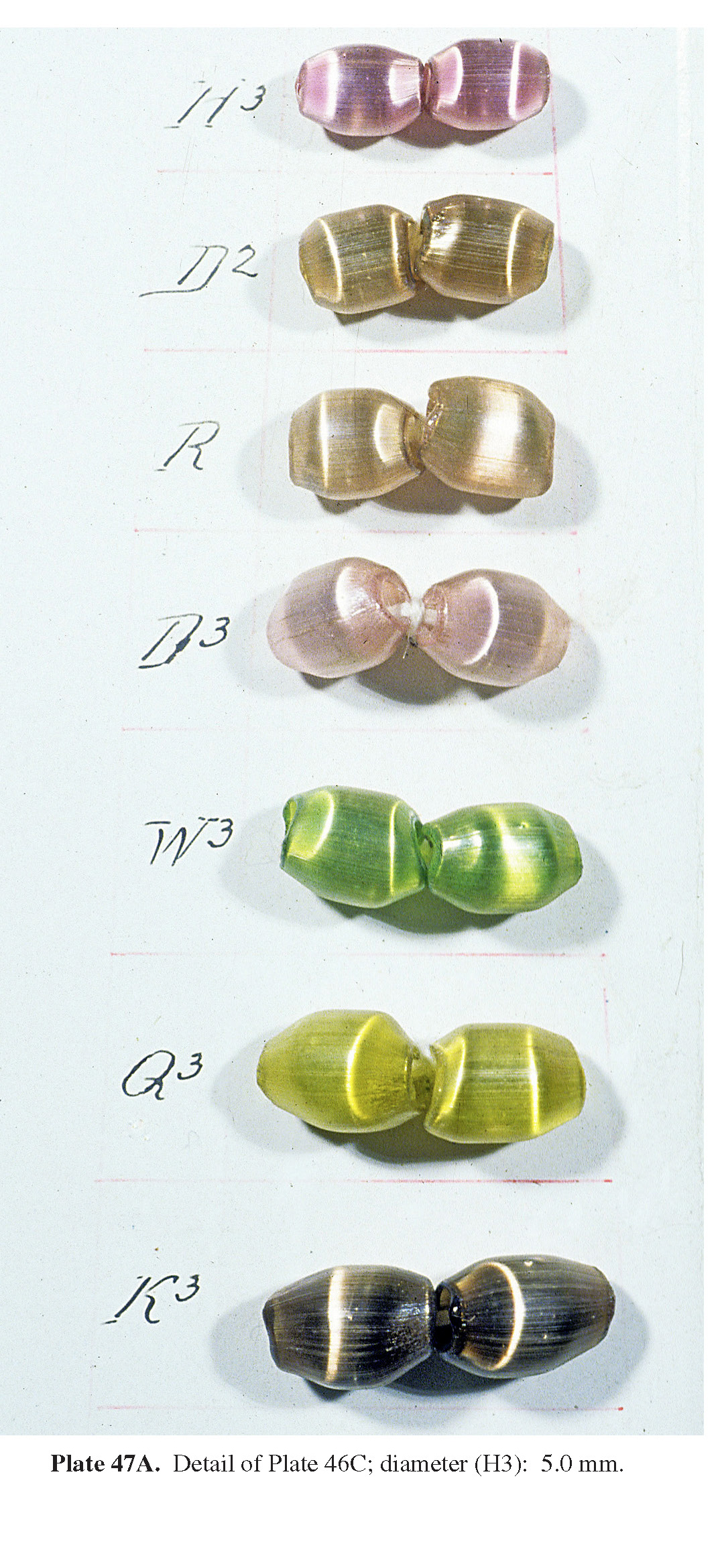 Plate 47A Detail of Plate 46C; diameter (H3): 5.0 mm. Plate 47C. Mahla Brothers, card 4 (238), 19.0 x 9.2 cm; diameter (bead no. 10): 9.8-10.0 mm (TMV).
