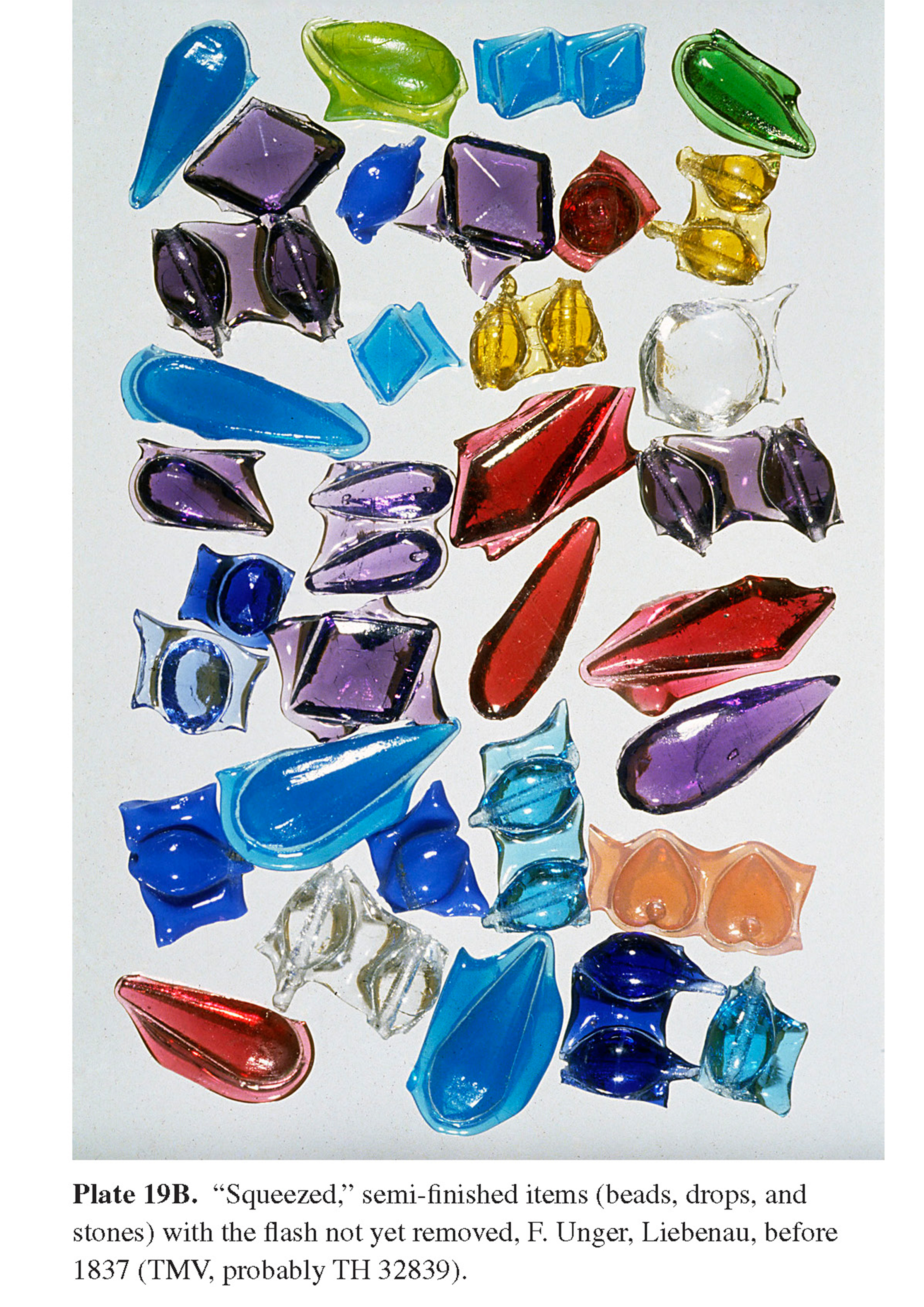 Plate 19B “Squeezed,” semi-finished items (beads, drops, and stones) with the flash not yet removed, F. Unger, Liebenau, before 1837 (TMV, probably TH 32839).