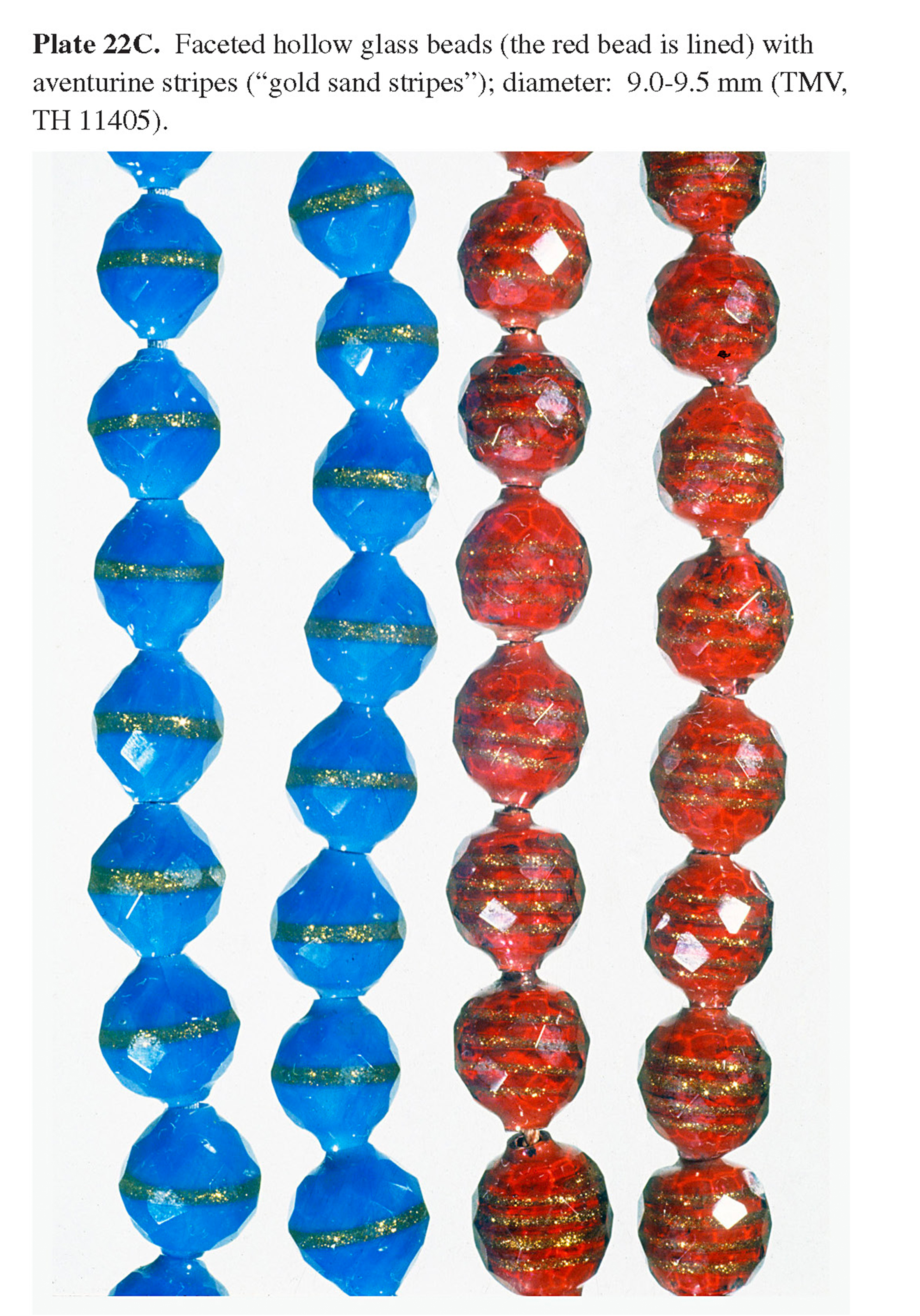Plate 22C Faceted hollow glass beads (the red bead is lined) with aventurine stripes (“gold sand stripes”); diameter: 9.0-9.5 mm (TMV, TH 11405).