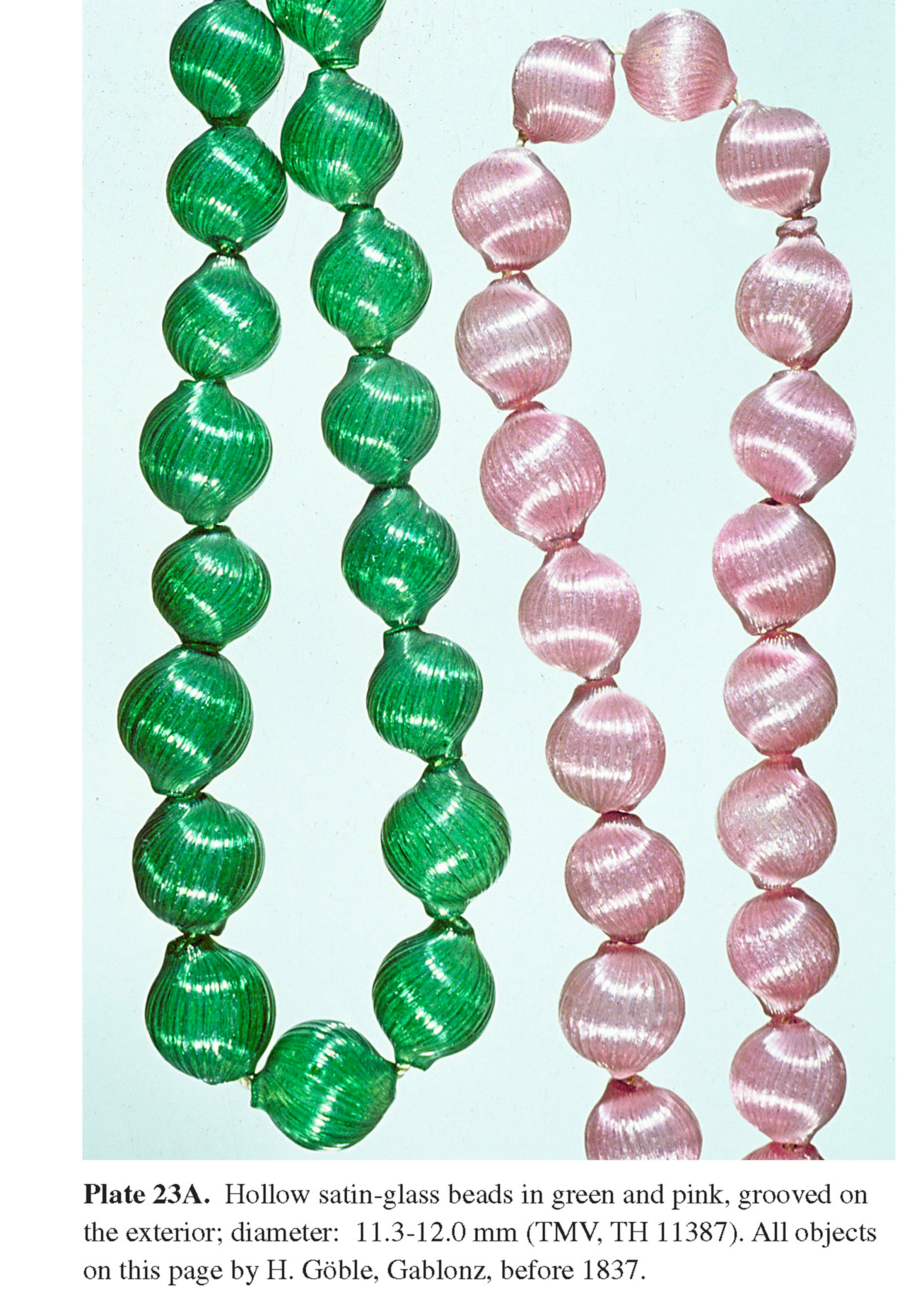 Plate 23A Hollow satin-glass beads in green and pink, grooved on the exterior; diameter: 11.3-12.0 mm (TMV, TH 11387). All objects on this page by H. Göble, Gablonz, before 1837.