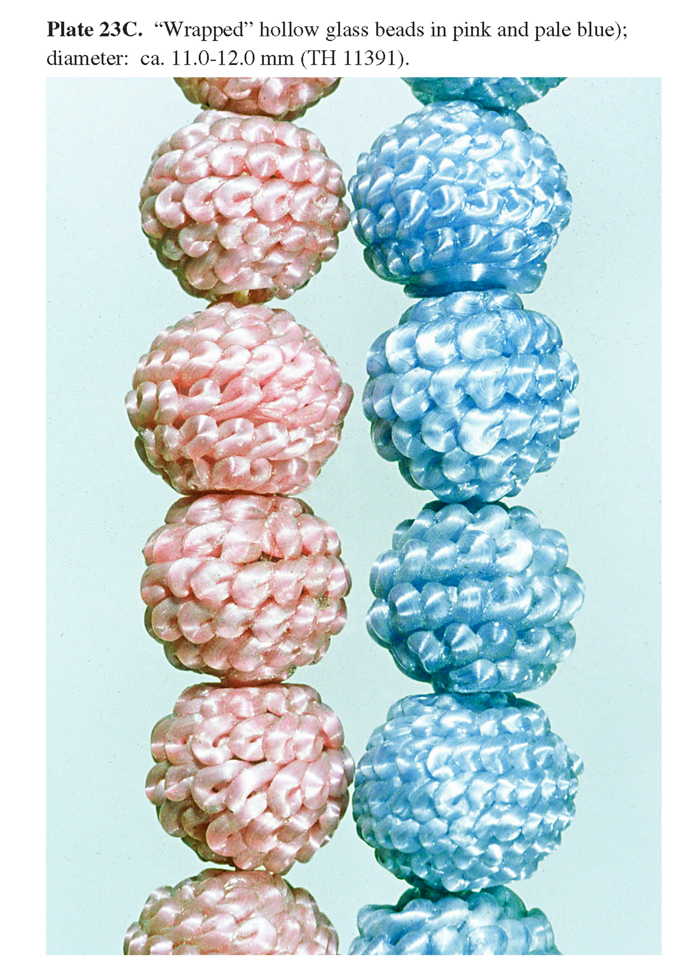Plate 23C “Wrapped” hollow glass beads in pink and pale blue); diameter: ca. 11.0-12.0 mm (TH 11391).