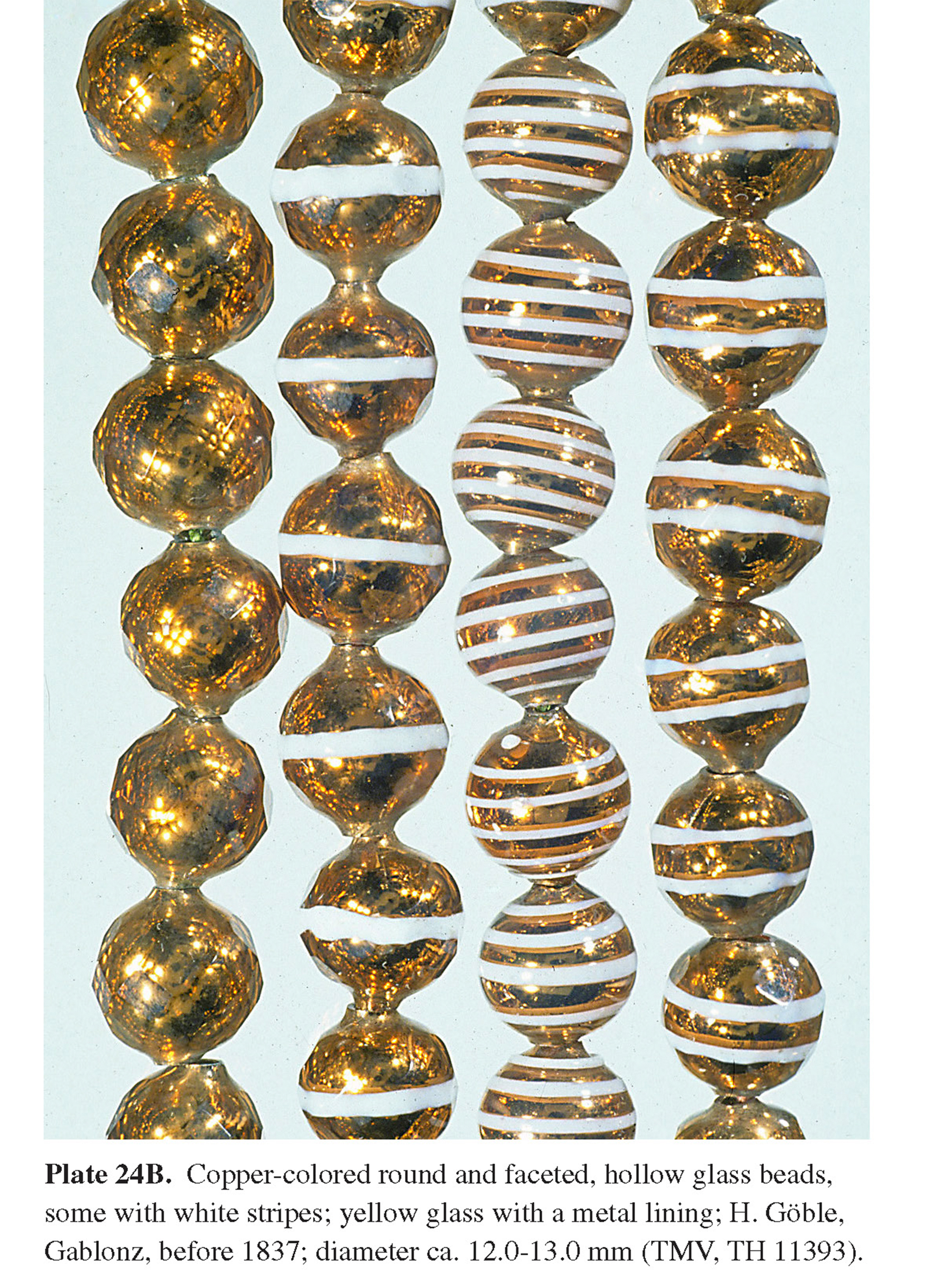 Plate 24B Copper-colored round and faceted, hollow glass beads, some with white stripes; yellow glass with a metal lining; H. Göble, Gablonz, before 1837; diameter ca. 12.0-13.0 mm (TMV, TH 11393).
