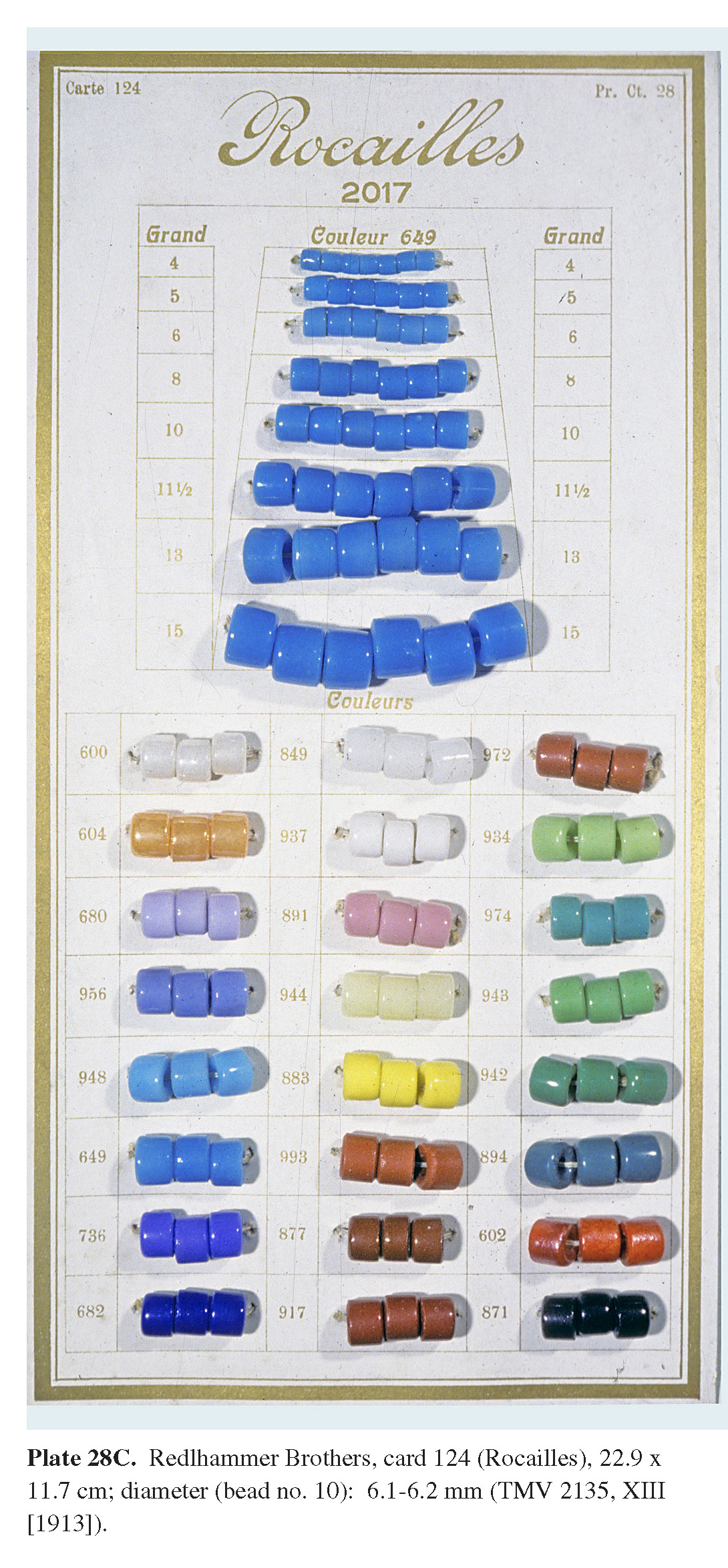 Plate 28C Redlhammer Brothers, card 124 (Rocailles), 22.9 x 11.7 cm; diameter (bead no. 10): 6.1-6.2 mm (TMV 2135, XIII [1913]).
